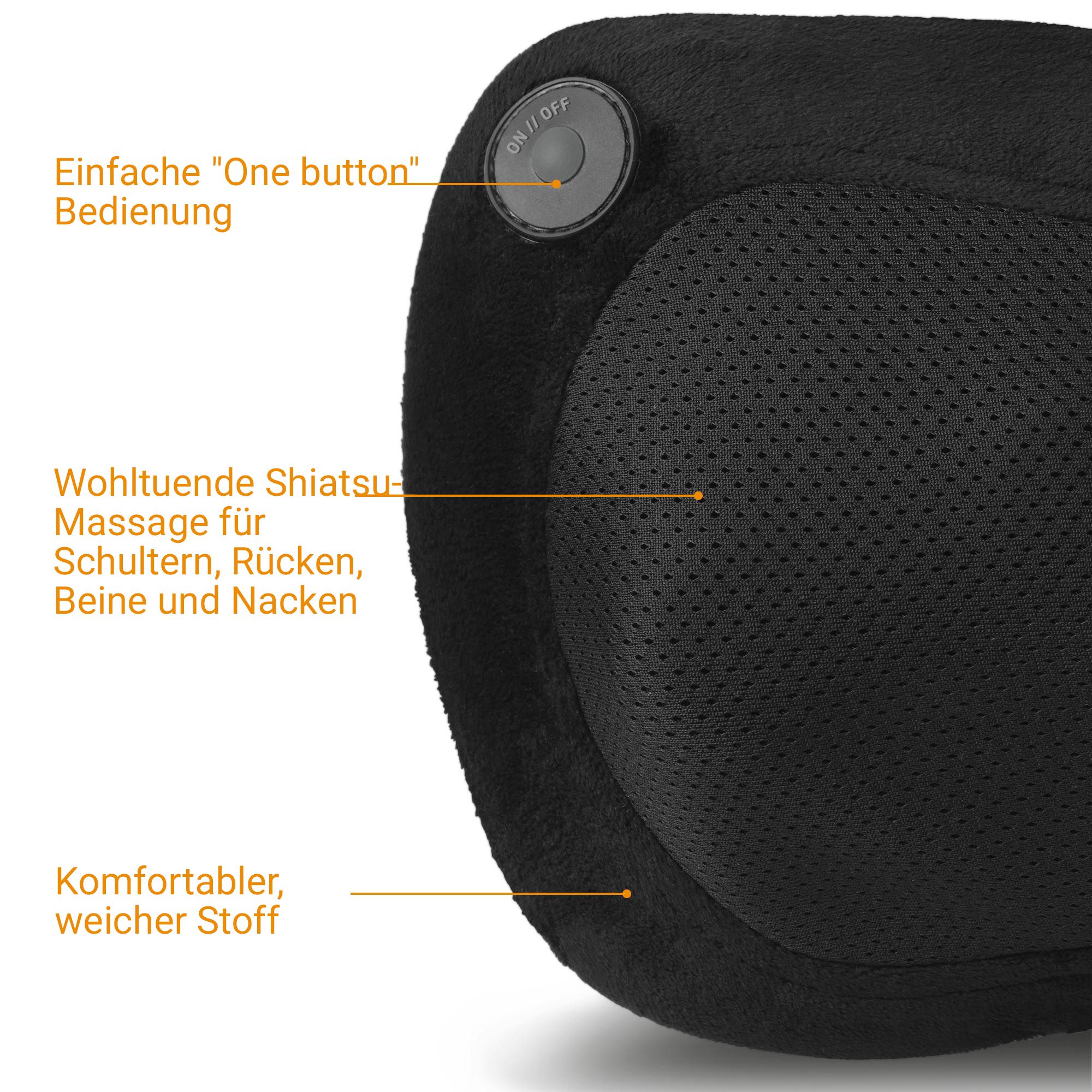 Gros plan d'un coussin de massage Shiatsu noir avec commande "one button" et surface en maille.