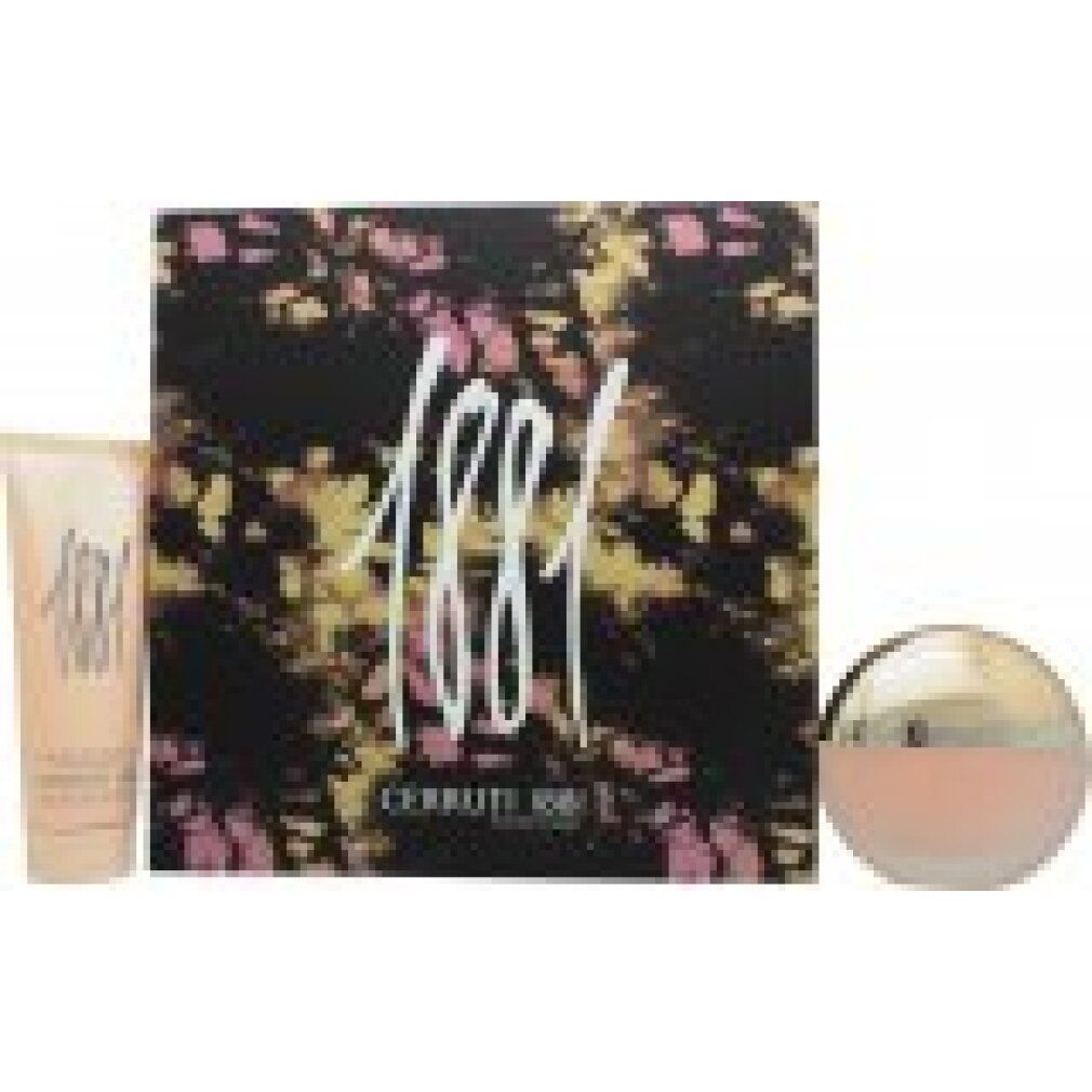 Cadeauset met parfumfles, bodylotion en doos. Opschrift "1881". Roze en zwarte verpakking.