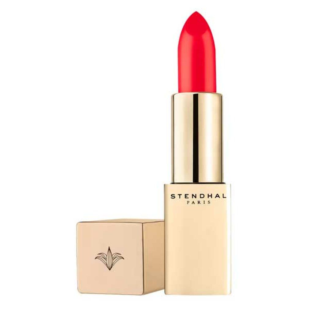 Rode lipstick in gouden huls. Stendhal Paris logo. Deksel ernaast.