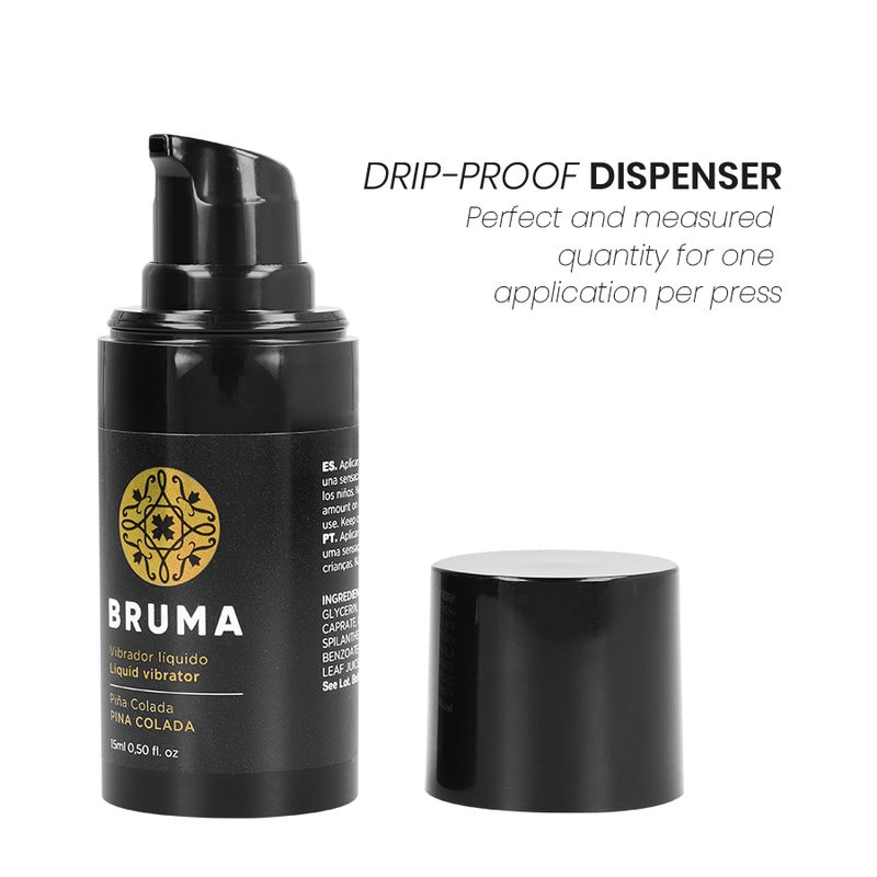 Zwarte fles Bruma vloeibare vibrator met druppelaar-dispenser en verwijderde dop.