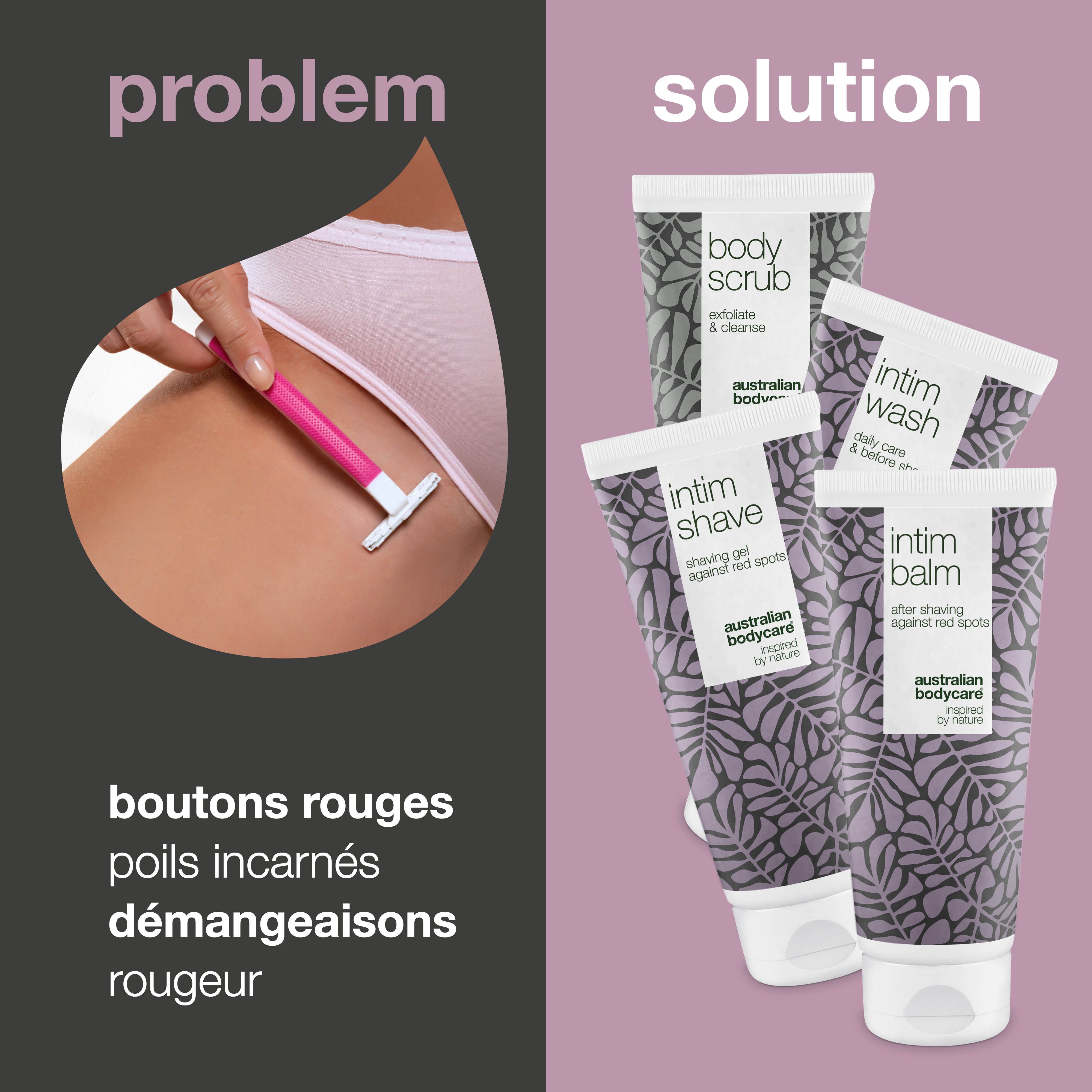 Concept problème-solution. Rasage, boutons rouges, poils incarnés. Produits : Body Scrub, Intim Wash, Intim Balm, Intim Shave.