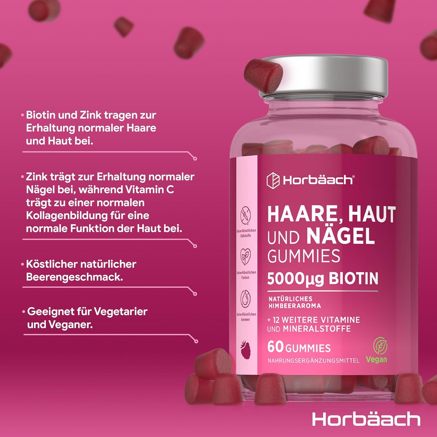 Flacon avec gummies rouges. Texte "Haare, Haut und Nägel Gummies", 5000µg Biotine, 60 gummies. Vegan. Avantages.