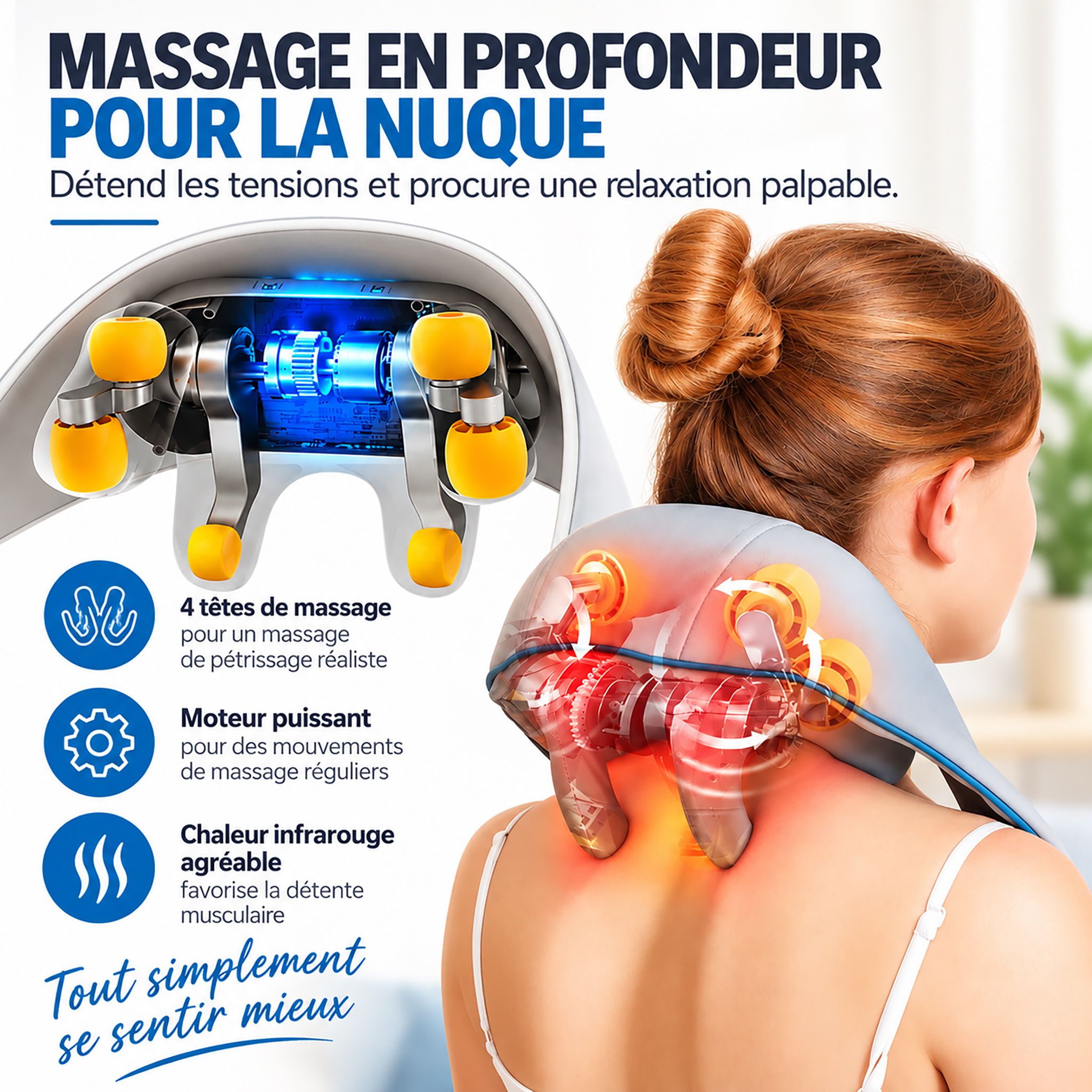 Vue détaillée des commandes du masseur de nuque avec icônes pour la puissance et la chaleur.