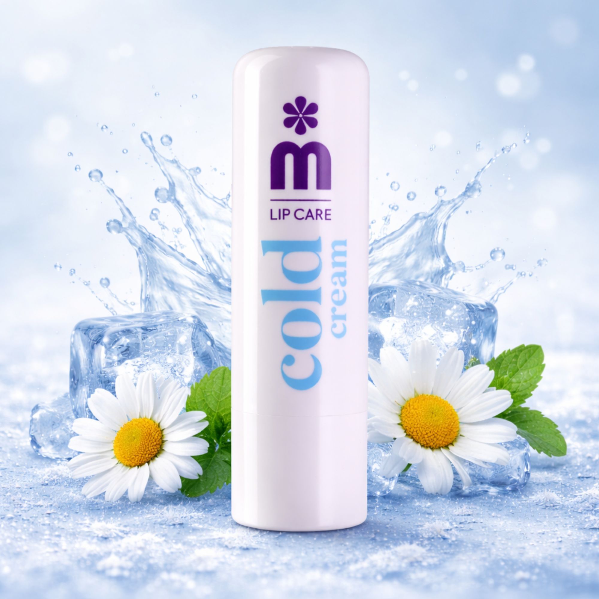 Witte lippenbalsemstift met ijsblokjes, madeliefjes en waterspatten.