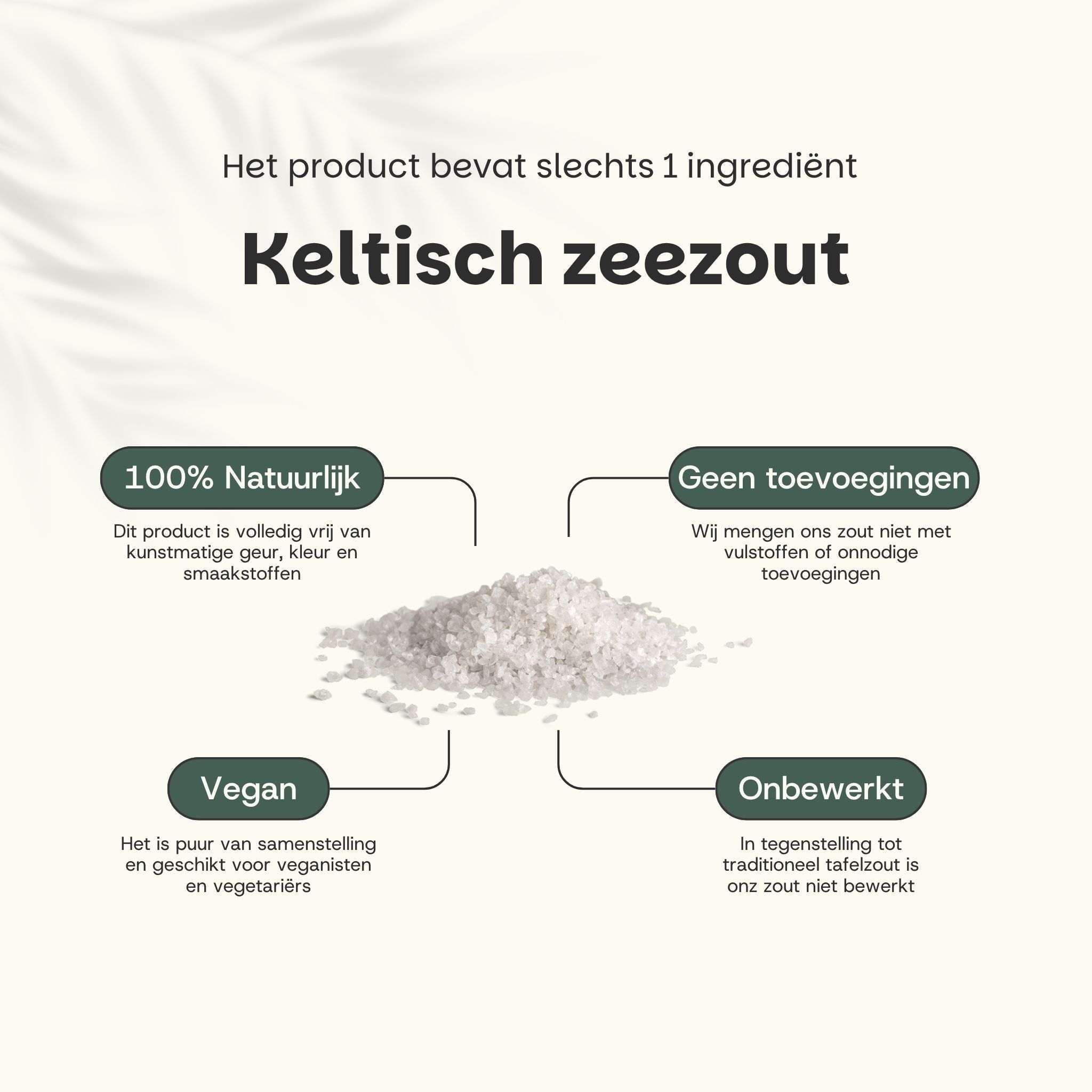 Hoop zeezout. Tekst: 100% natuurlijk, geen toevoegingen, vegan, onbewerkt.