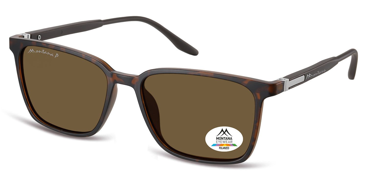 Lunettes de soleil marron avec monture marron. Un autocollant sur le verre droit affiche le logo et l'inscription 'Polarized'.