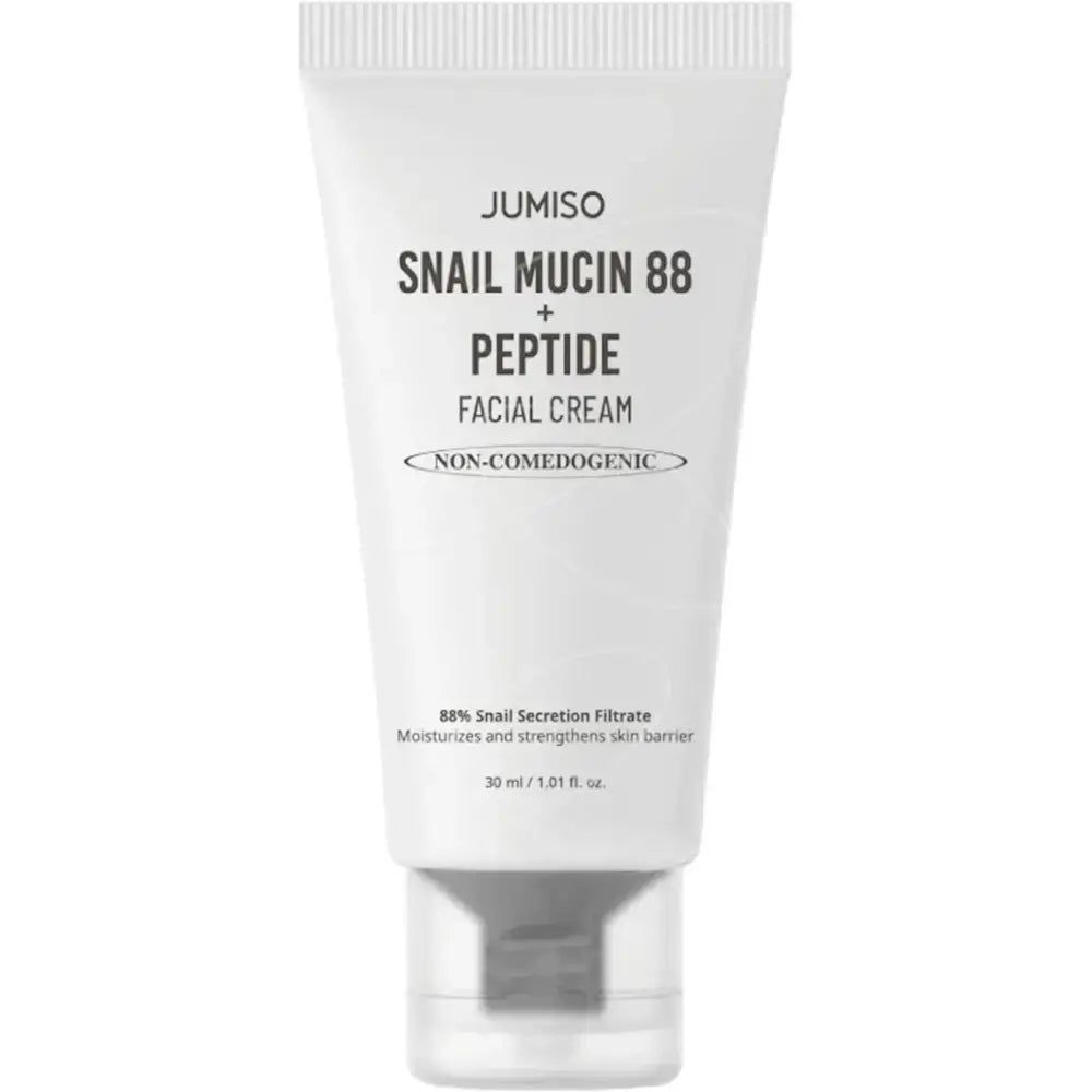 Tube blanc avec nom du produit et informations. Texte: JUMISO Schneckenschleim 88 + Peptidcreme. En bas: 88% Filtrate de sécrétion d'escargot, 30 ml / 1.01 fl. oz.