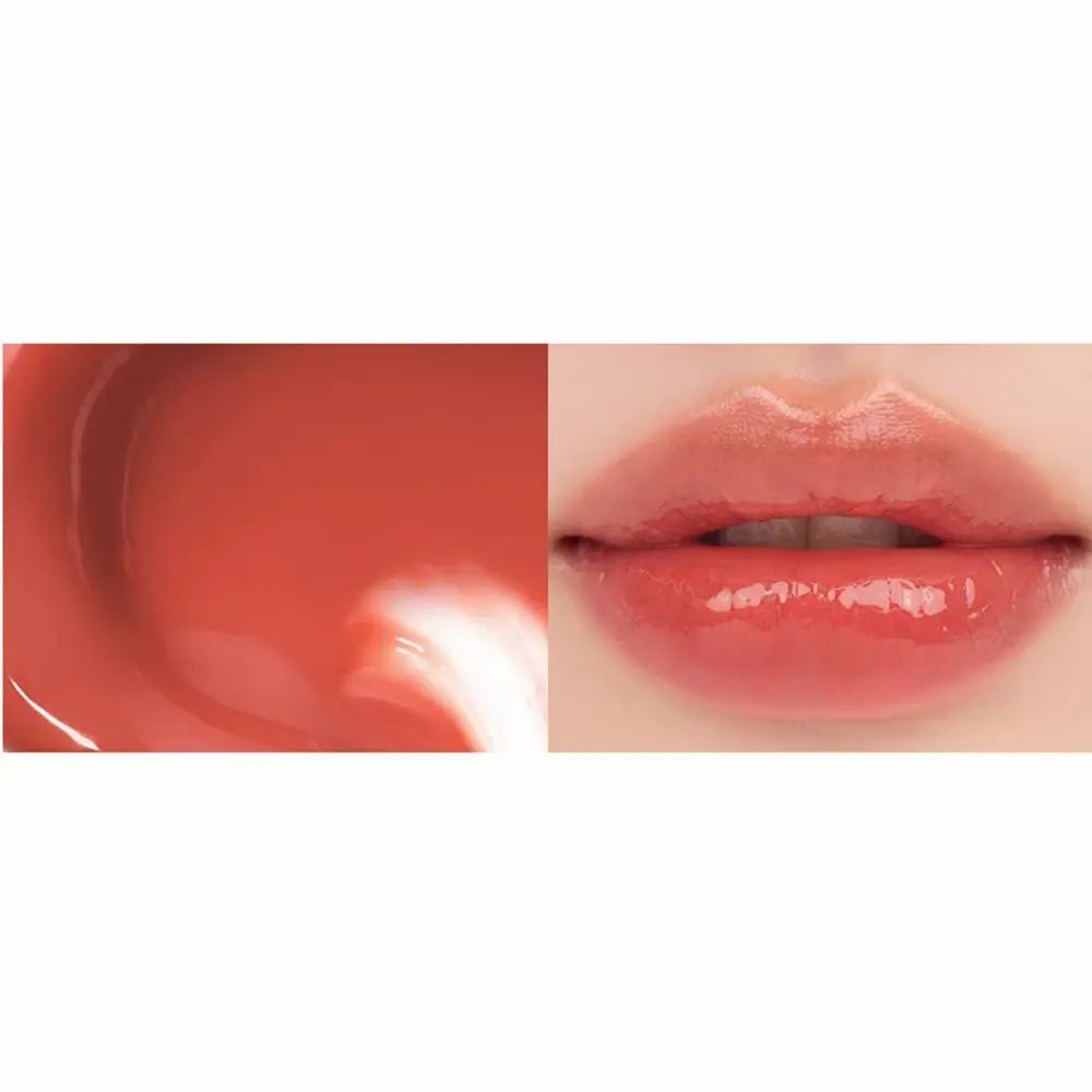 Twee afbeeldingen: vlek van gloss en lippen met gloss. De gloss is oranje.