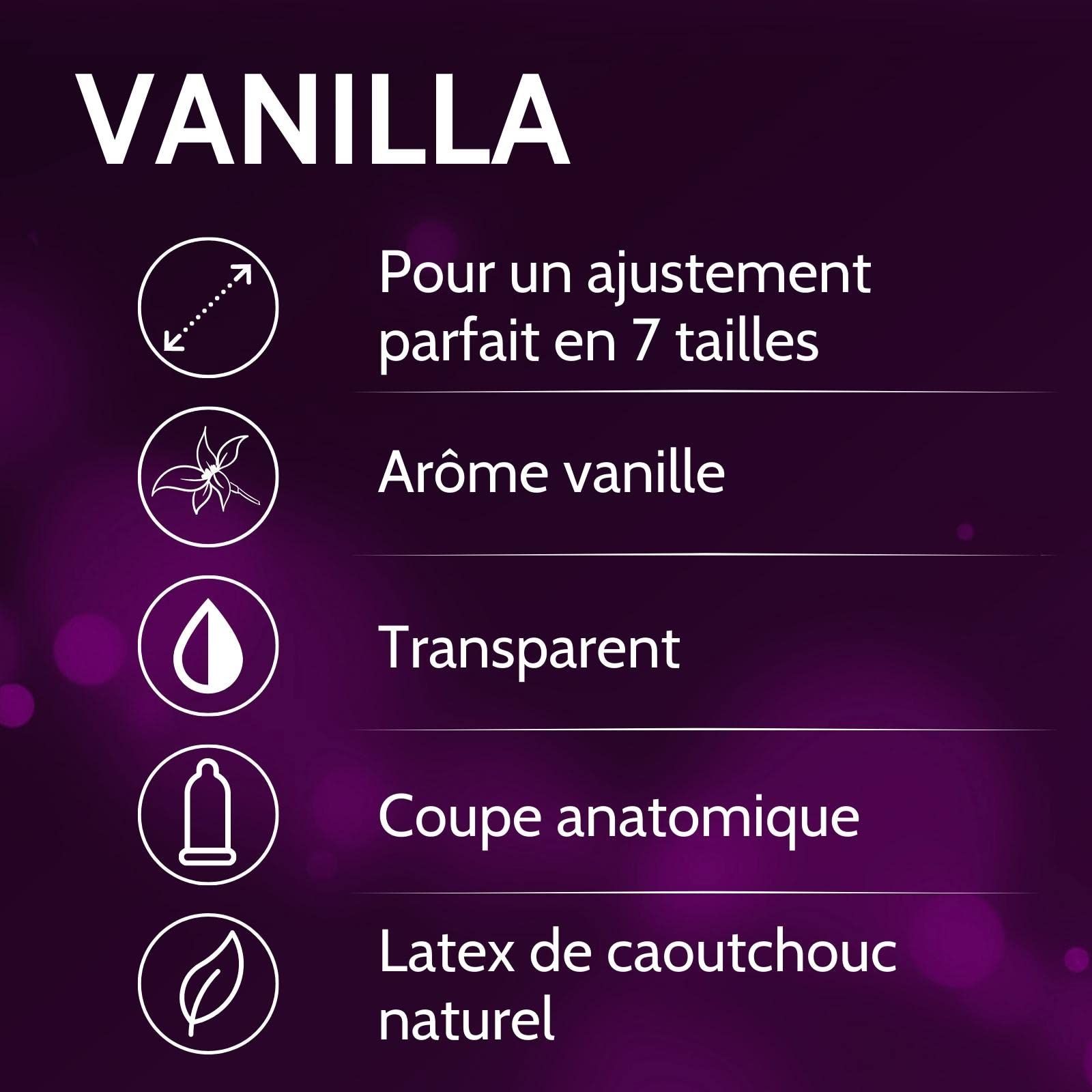 Préservatifs Vanille: ajustement parfait en 7 tailles, arôme vanille, transparent, coupe anatomique, latex naturel.