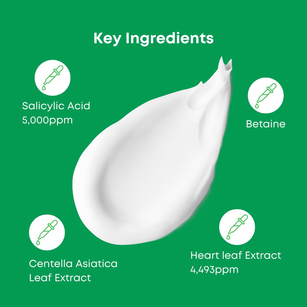 Witte crème met ingrediënten. Tekst: Salicylzuur, Betaïne, Centella Asiatica bladextract, Heartleaf extract.