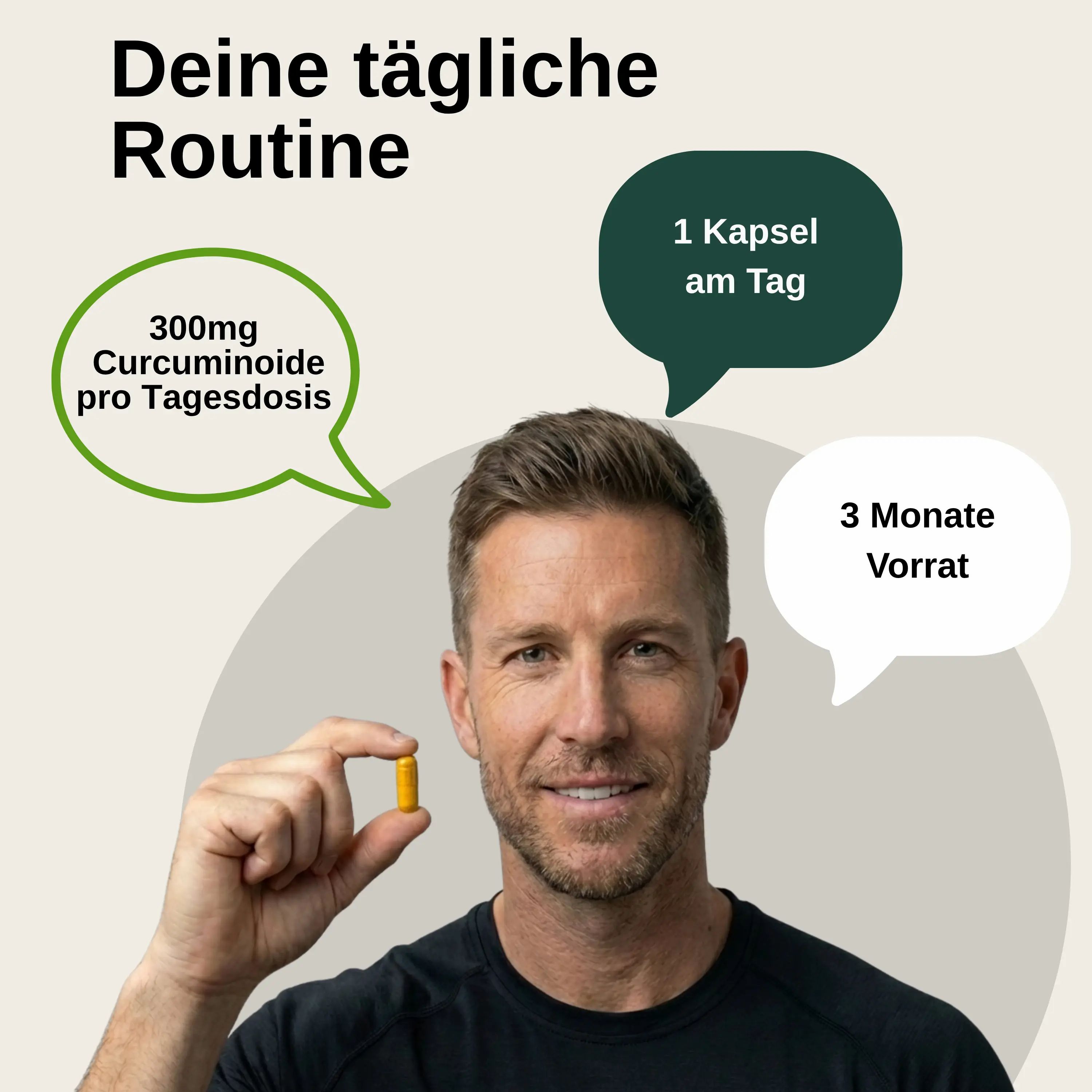 Vita Elements Kurkuma Extract: Man houdt capsule vast. 300mg curcuminoïden per dagelijkse dosis. 1 capsule per dag. Voorraad voor 3 maanden.