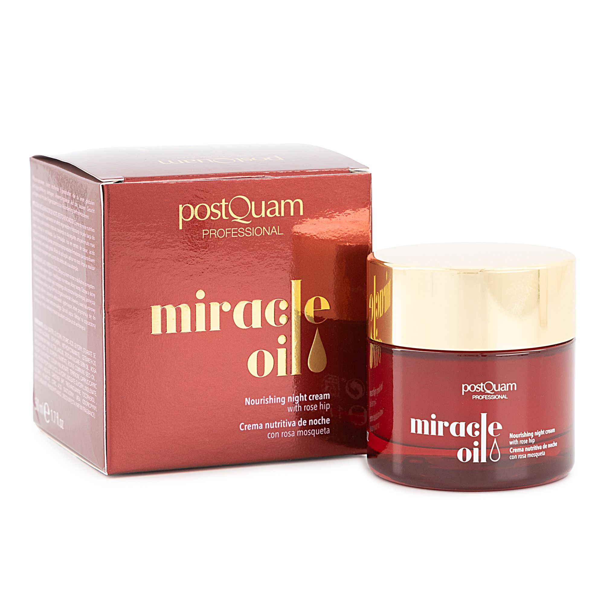 Pot rouge et boîte avec couvercle doré. Inscription : "postQuam PROFESSIONAL miracle oil". Texte : "Nourishing night cream with rose hip".