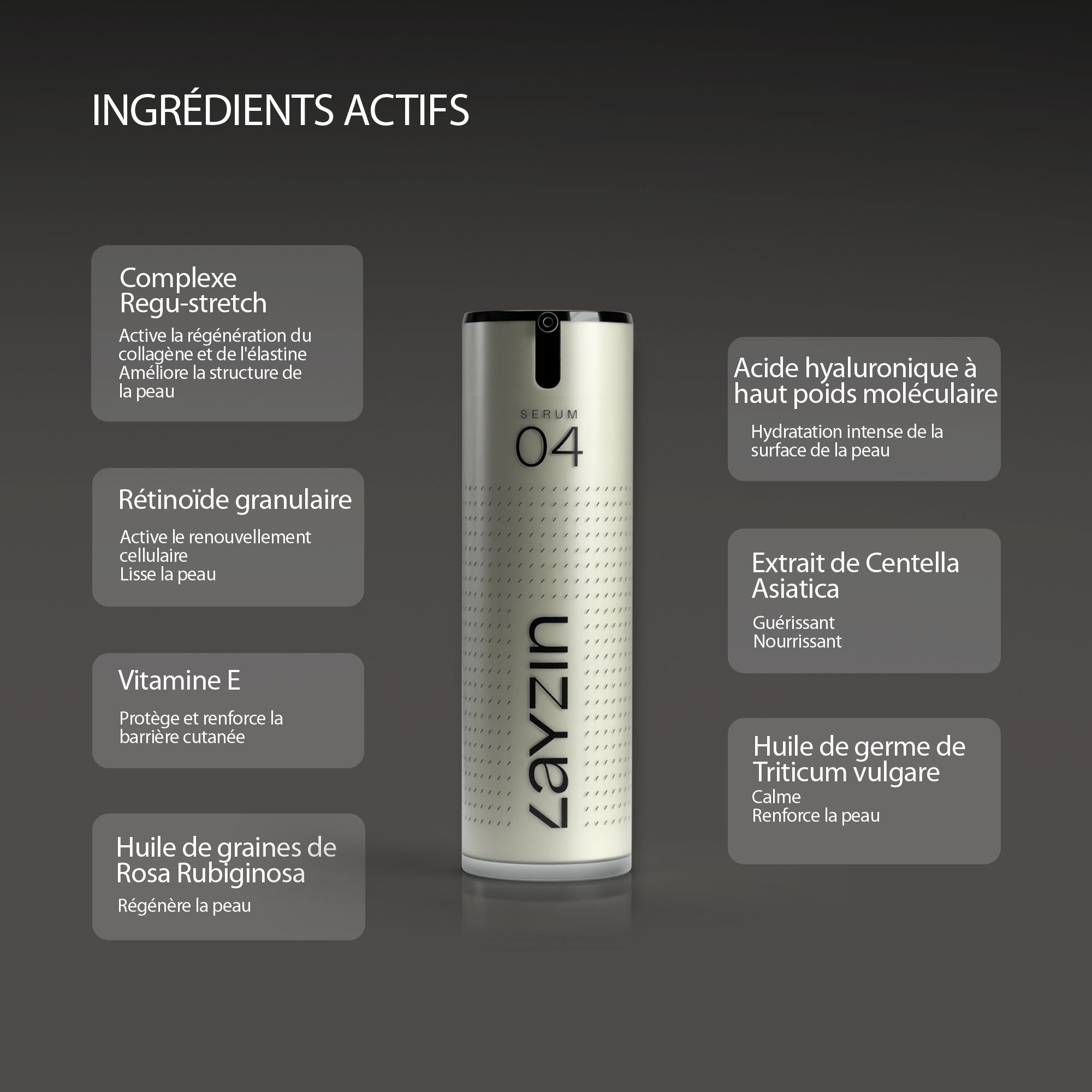 Sérum 04. Ingrédients: Regu-stretch, Granactive Retinoid, acide hyaluronique, Centella, vitamine E, etc.