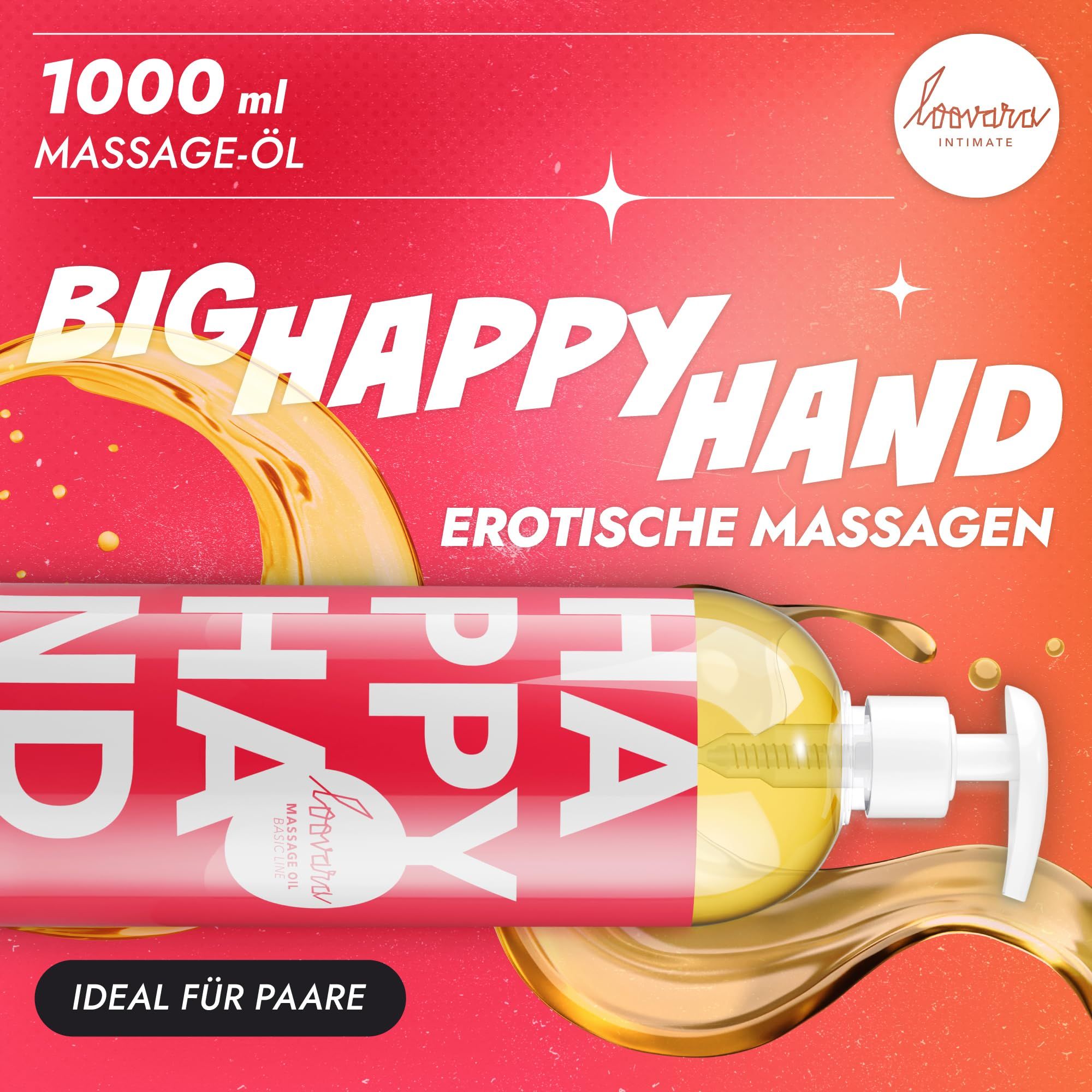 Fles massageolie met opschrift "Happy Hand". "Perfect voor voorspel".