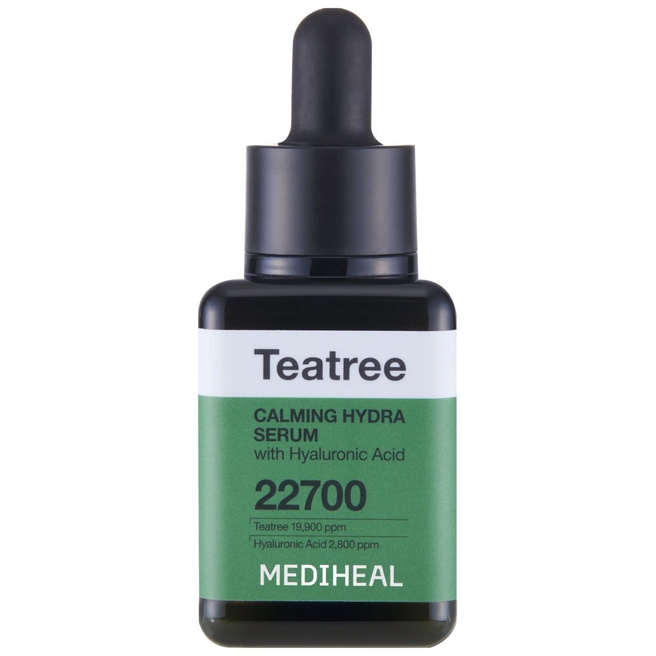 Sérum hydratant apaisant à l'arbre à thé MEDIHEAL dans un flacon en verre foncé avec compte-gouttes.