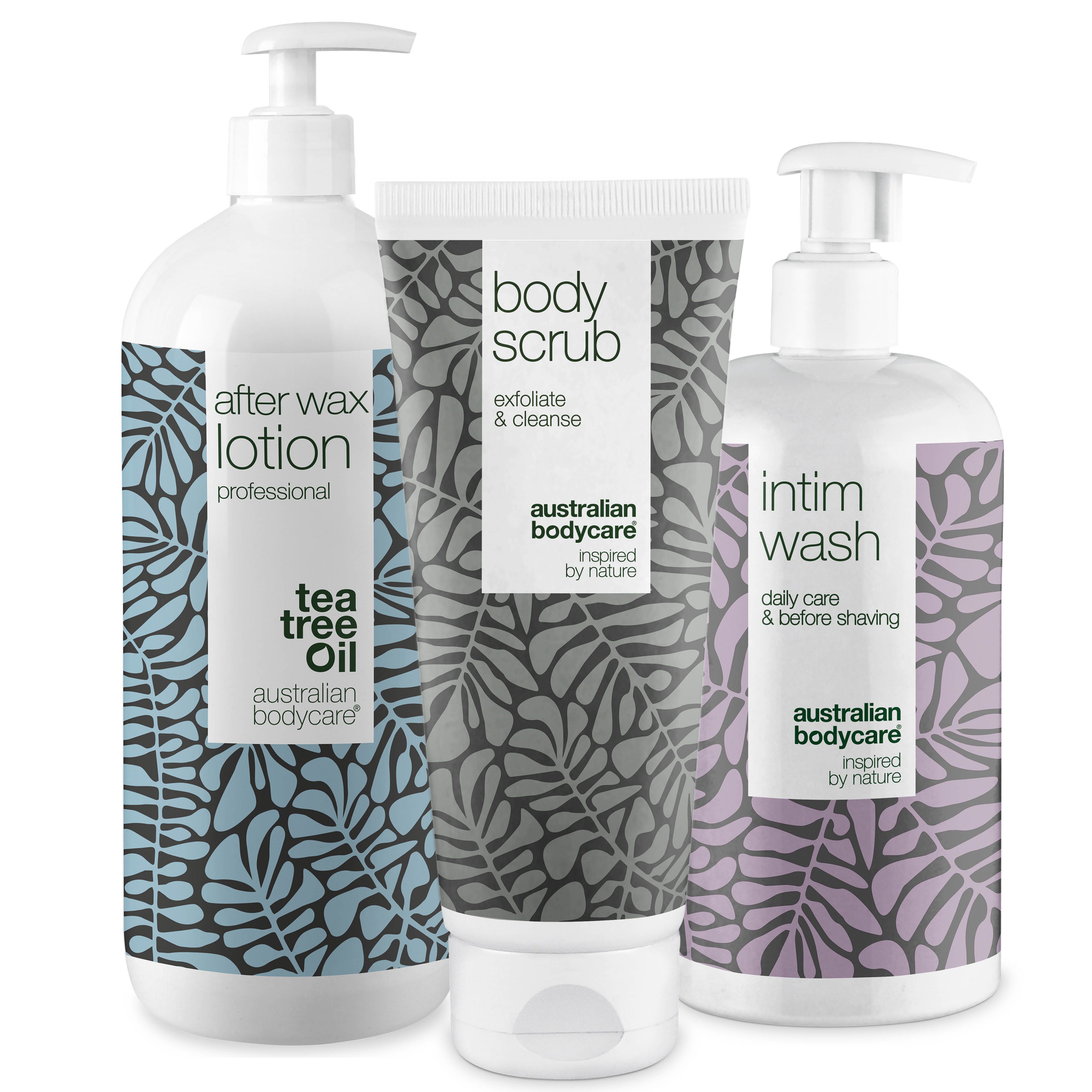 Trois produits Australian Bodycare : After Wax Lotion, Body Scrub et Intim Wash. Bouteilles et tube blancs, motifs floraux.