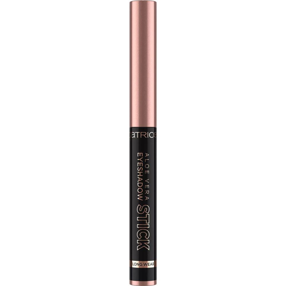 Catrice Aloe Vera Eyeshadow Stick. Forme cylindrique, capuchon or rose, corps noir. Texte: Eyeshadow Stick, Aloe Vera, Long Wear.