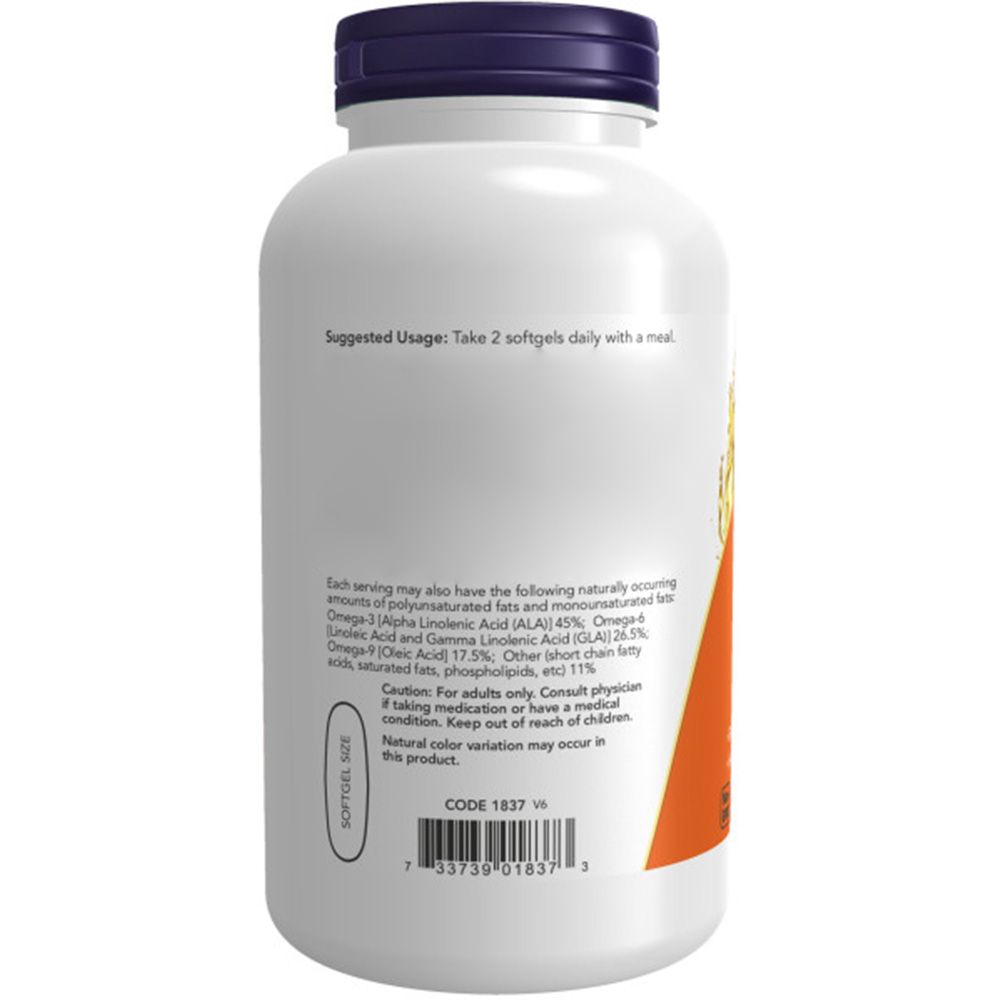 Achterkant witte fles met blauwe dop. Oranje etiket met tekst. Bevat softgel-maat en barcode.