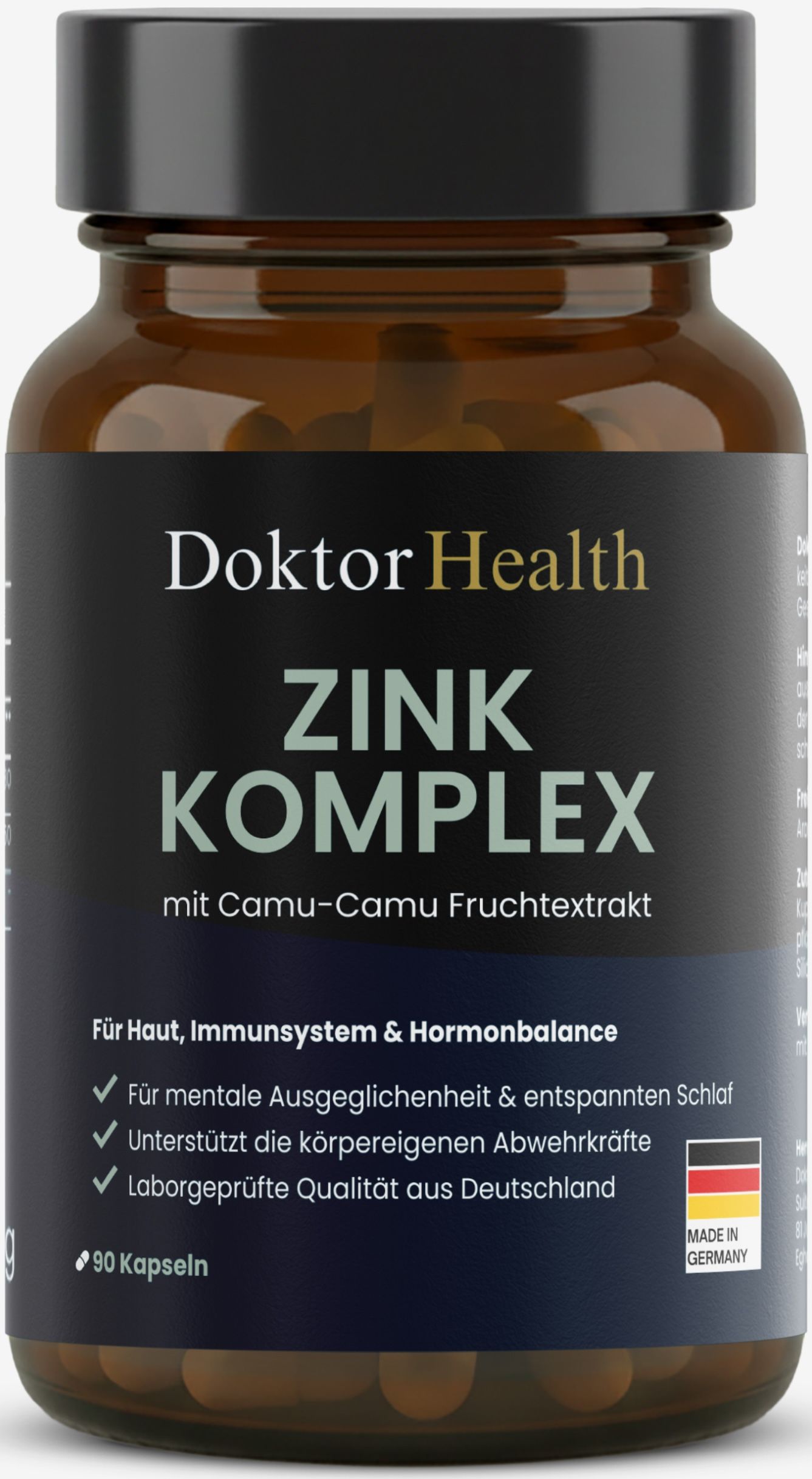 Bruine glazen fles met zwarte dop. Opschrift: Doktor Health Zink Komplex. 90 capsules. Tekst: Voor huid, immuunsysteem & hormonale balans.