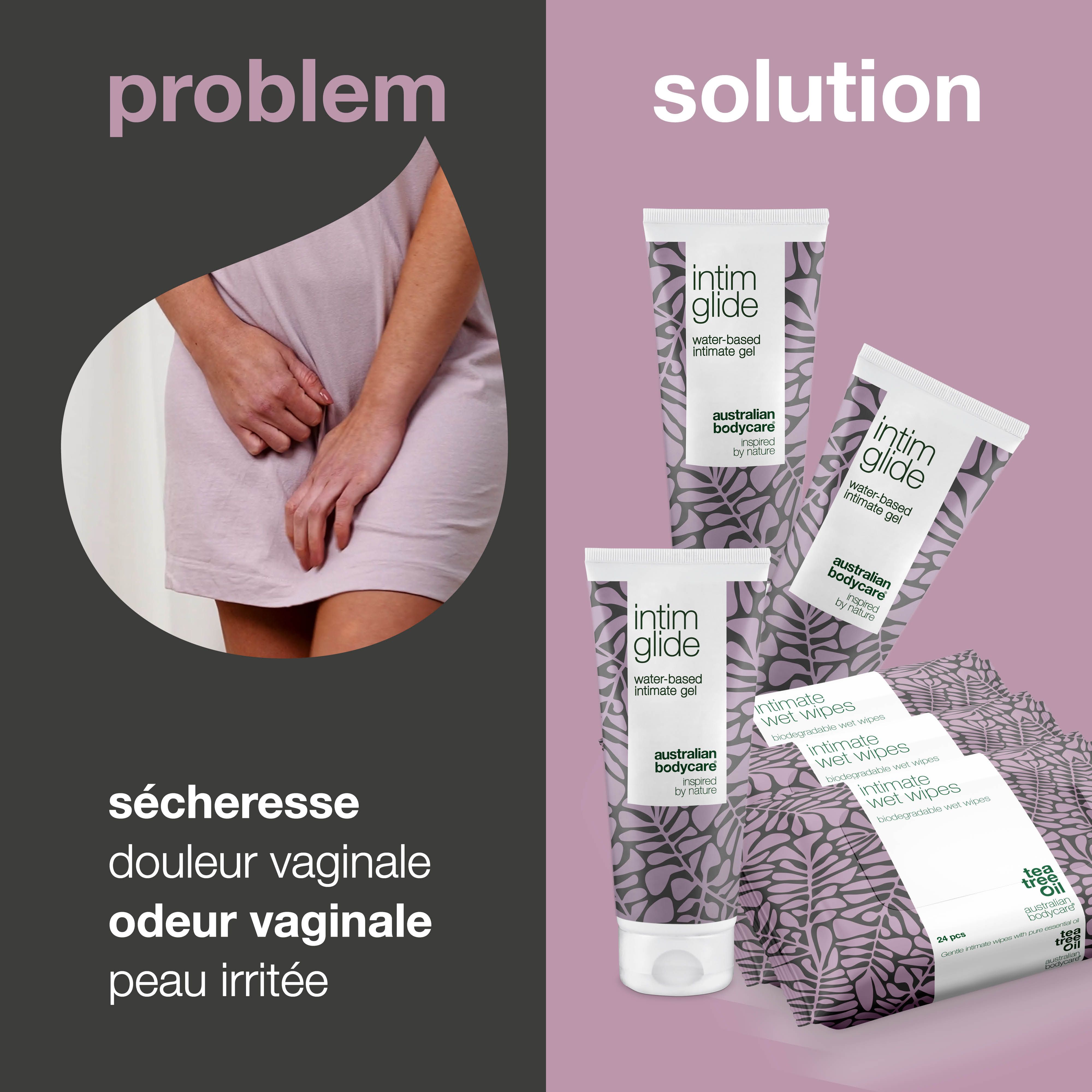 Graphique : problème et solution. Gel intime et lingettes. Texte : Sécheresse, douleur vaginale, odeur vaginale.