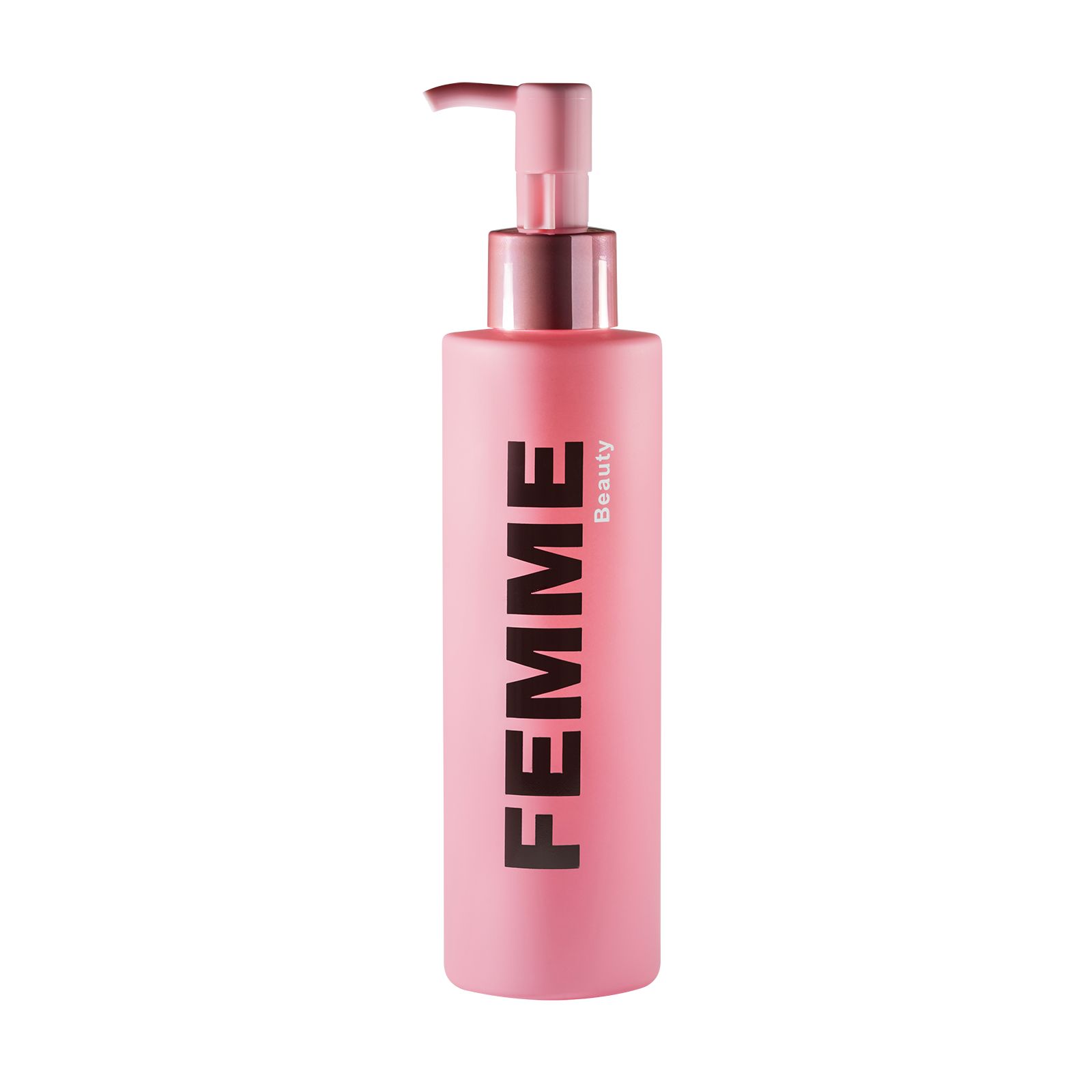 Huile nettoyante FEMME Beauty dans un flacon pompe rose mat.