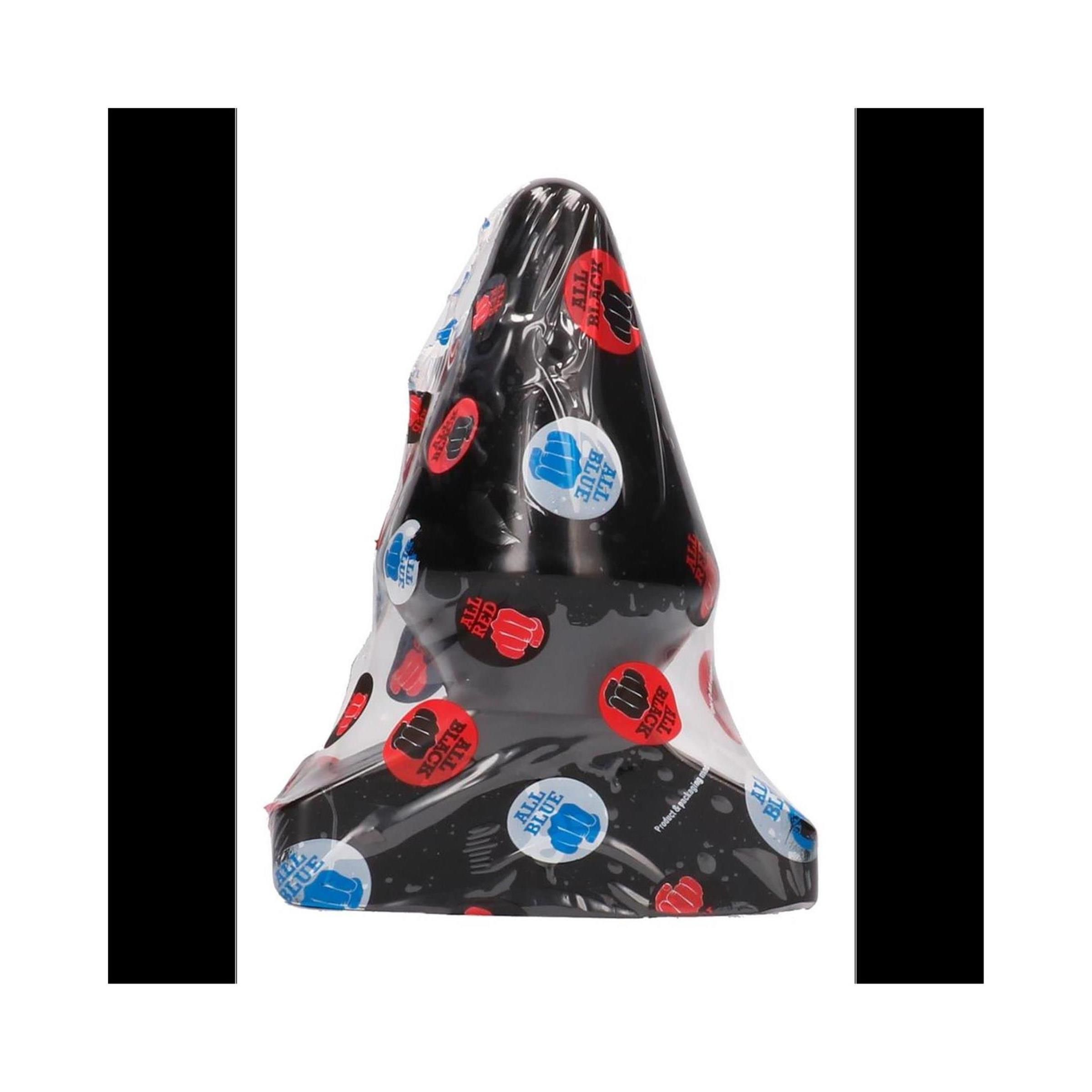 Bouchon anal conique dans un emballage noir avec des autocollants rouges et bleus "All Black".