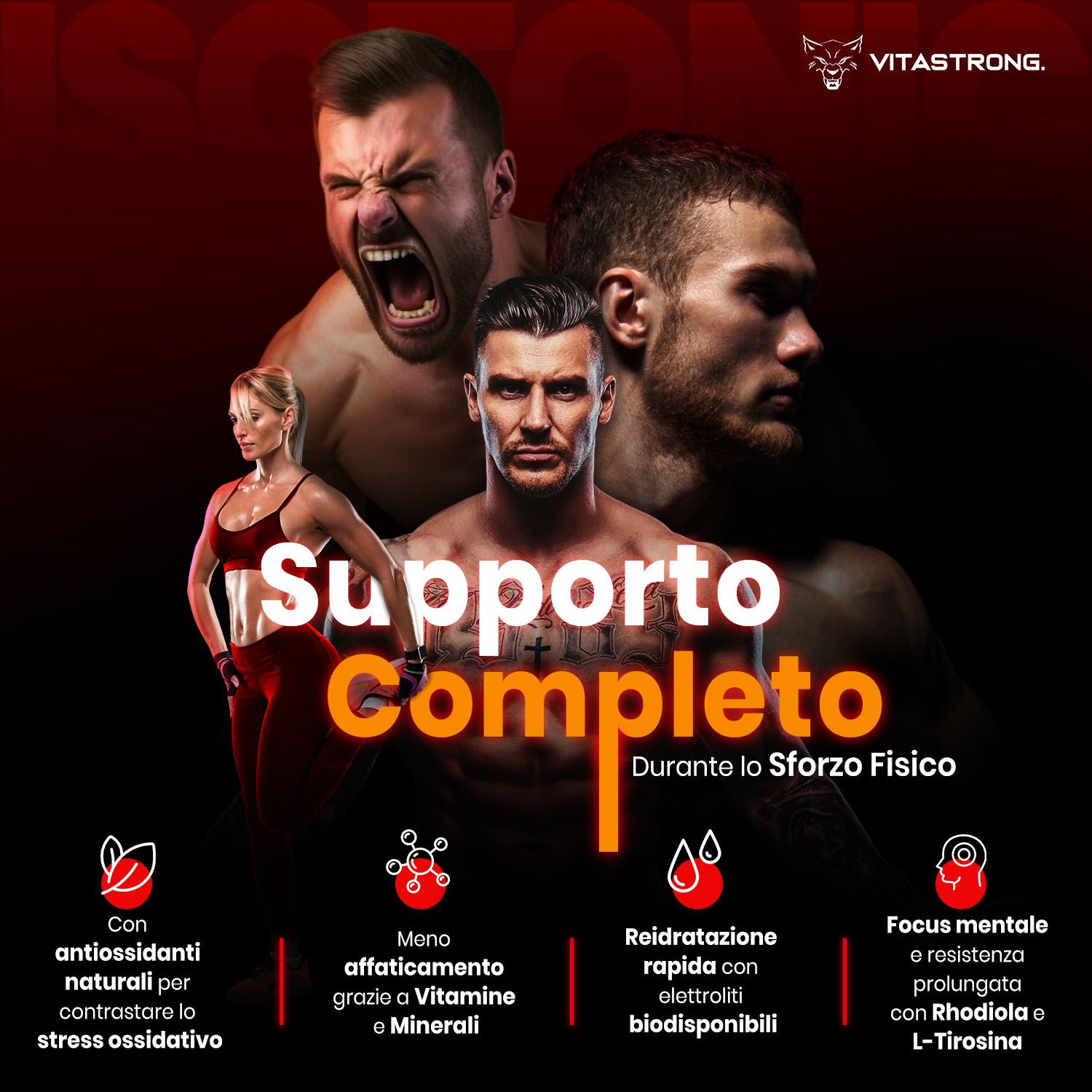 Drie personen. Tekst: Volledige ondersteuning tijdens fysieke inspanning. Met antioxidanten, vitaminen, elektrolyten.