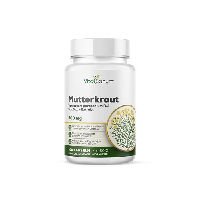 Witte capsulefles met groen etiket. Opschrift: Mutterkraut, 500 mg, VitaSanum logo. Afbeelding van bloemen.