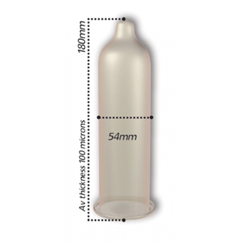 Préservatif transparent. Dimensions : 180mm de long, 54mm de large, épaisseur 100 microns.