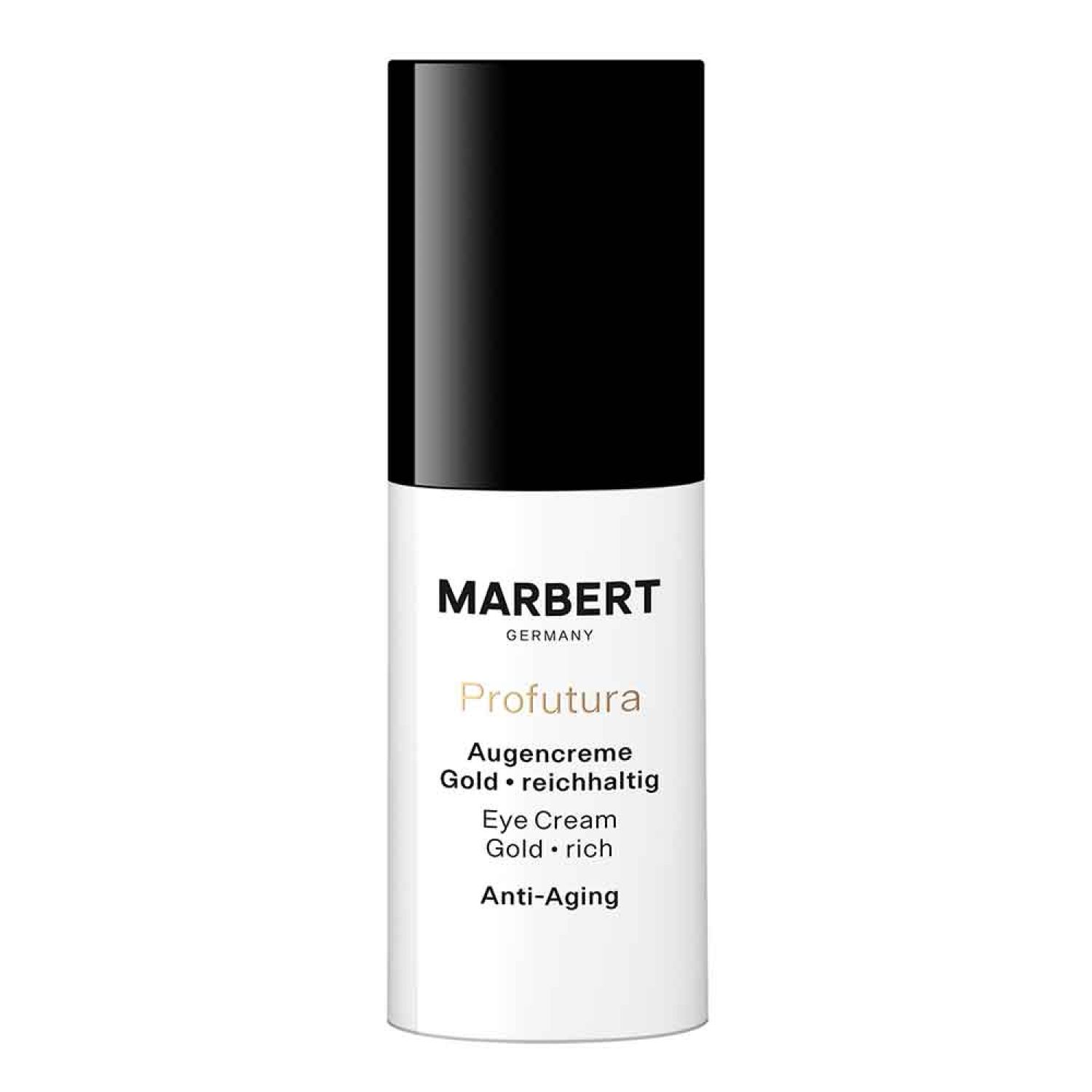 Flacon blanc avec bouchon noir. Inscription: MARBERT GERMANY, Profutura, Augencreme Gold reichhaltig, Eye Cream Gold rich, Anti-Aging.