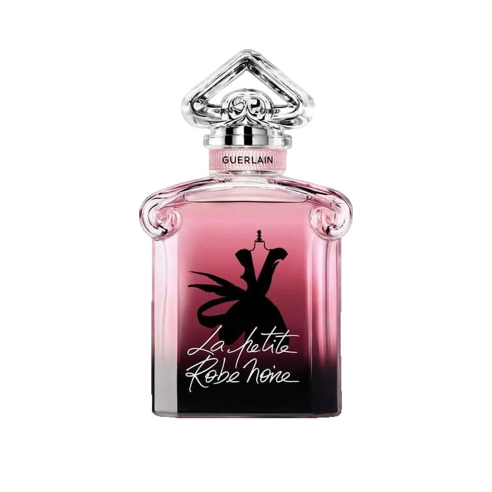 Roze parfumfles. Zwarte tekening van een jurk. Opschrift: La petite Robe noire. Guerlain-logo.