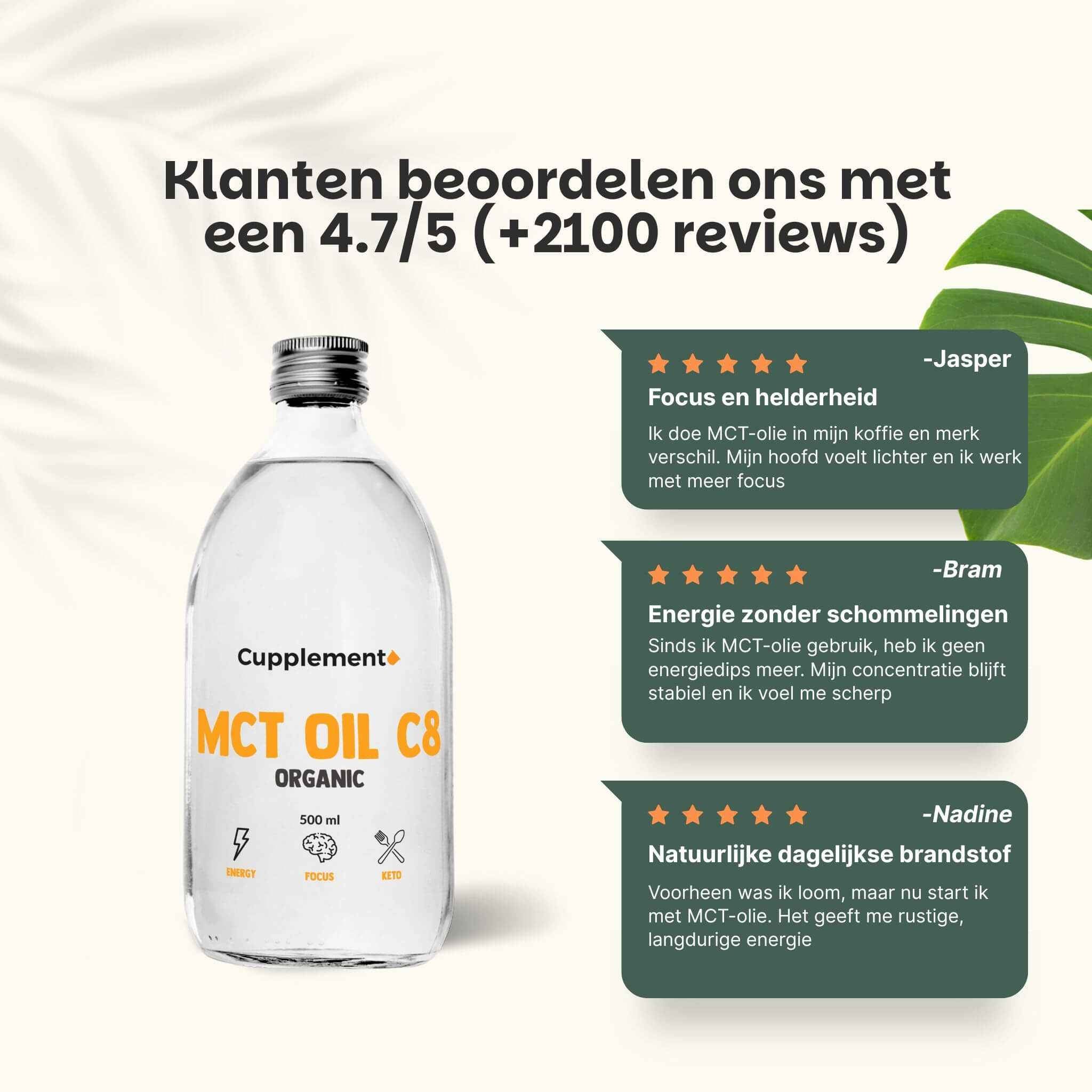 Fles MCT Oil C8 Organic, 500 ml. Klantenbeoordelingen met 4,7/5 sterren. Citaten van klanten.