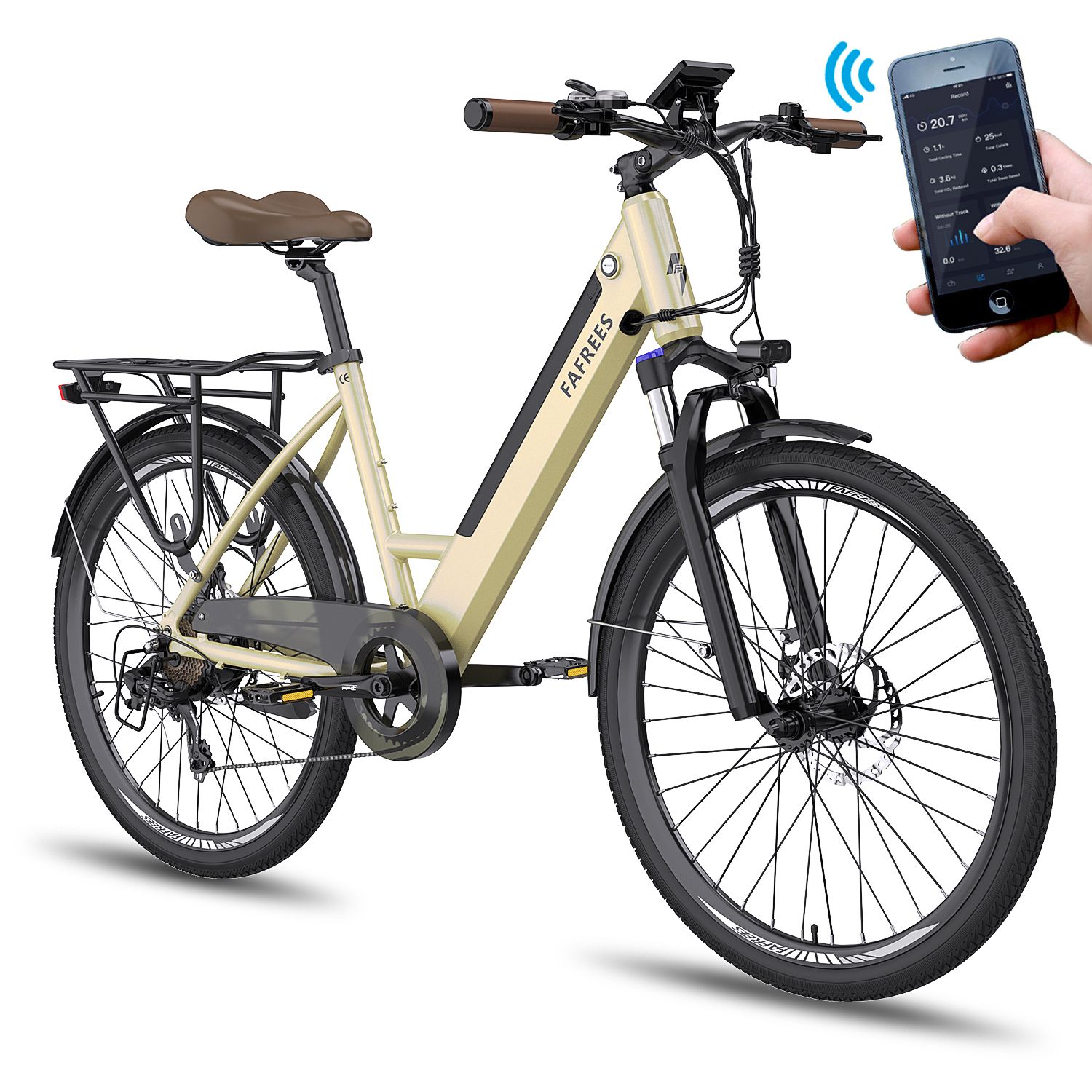 Vélo électrique beige avec connexion smartphone. Marque FAFREES. Cadre noir, porte-bagages, selle marron.