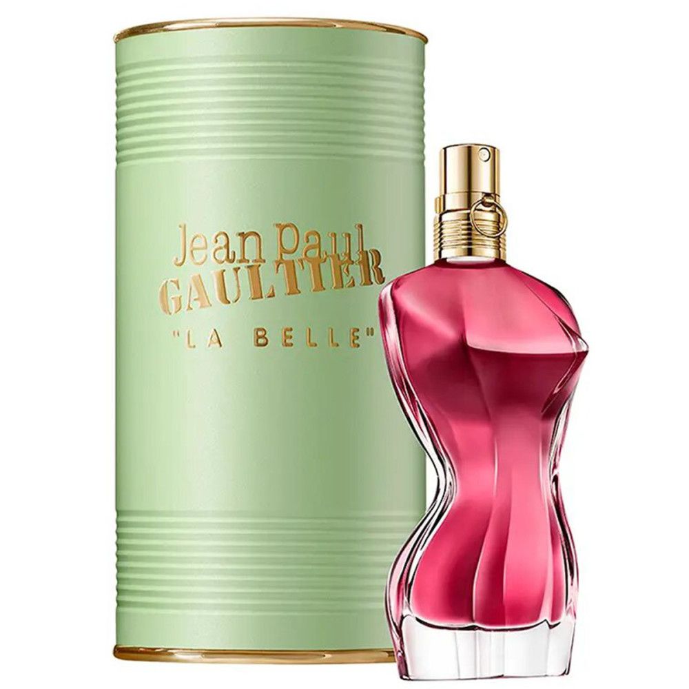 Parfumfles in vrouwenlichaamvorm en groene doos. Tekst: Jean Paul Gaultier, La Belle.