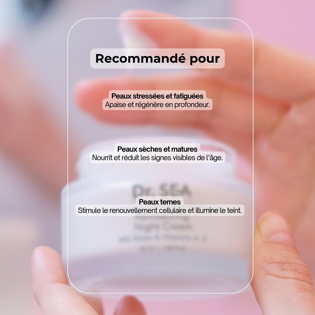 Pot de crème dans les mains. Texte : Recommandé pour peaux stressées, sèches et ternes.