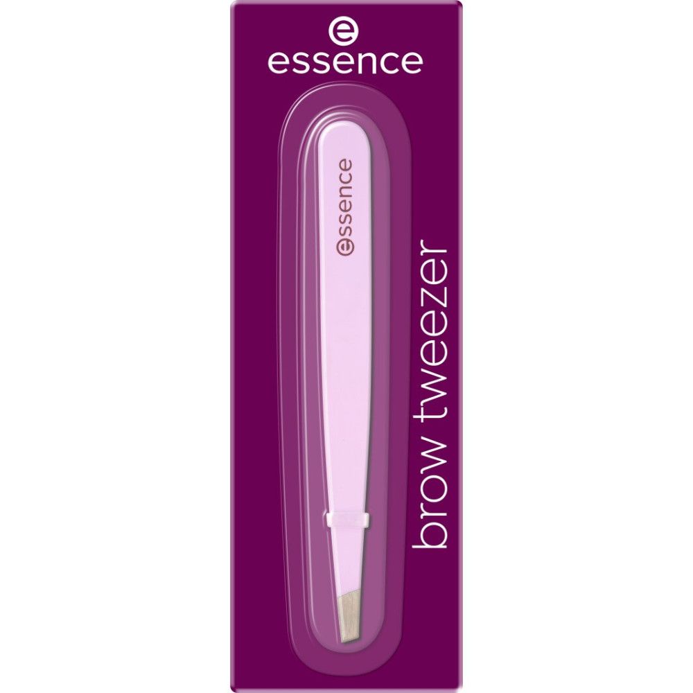 Pince à épiler dans son emballage. Pince rose avec "essence". Emballage avec "brow tweezer".