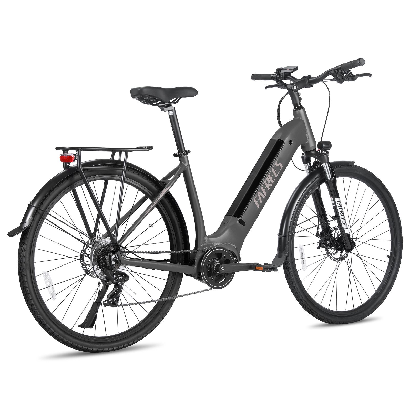 Vélo électrique de trekking gris avec moteur central. Marque Fafrees. Porte-bagages, garde-boue et feu arrière.