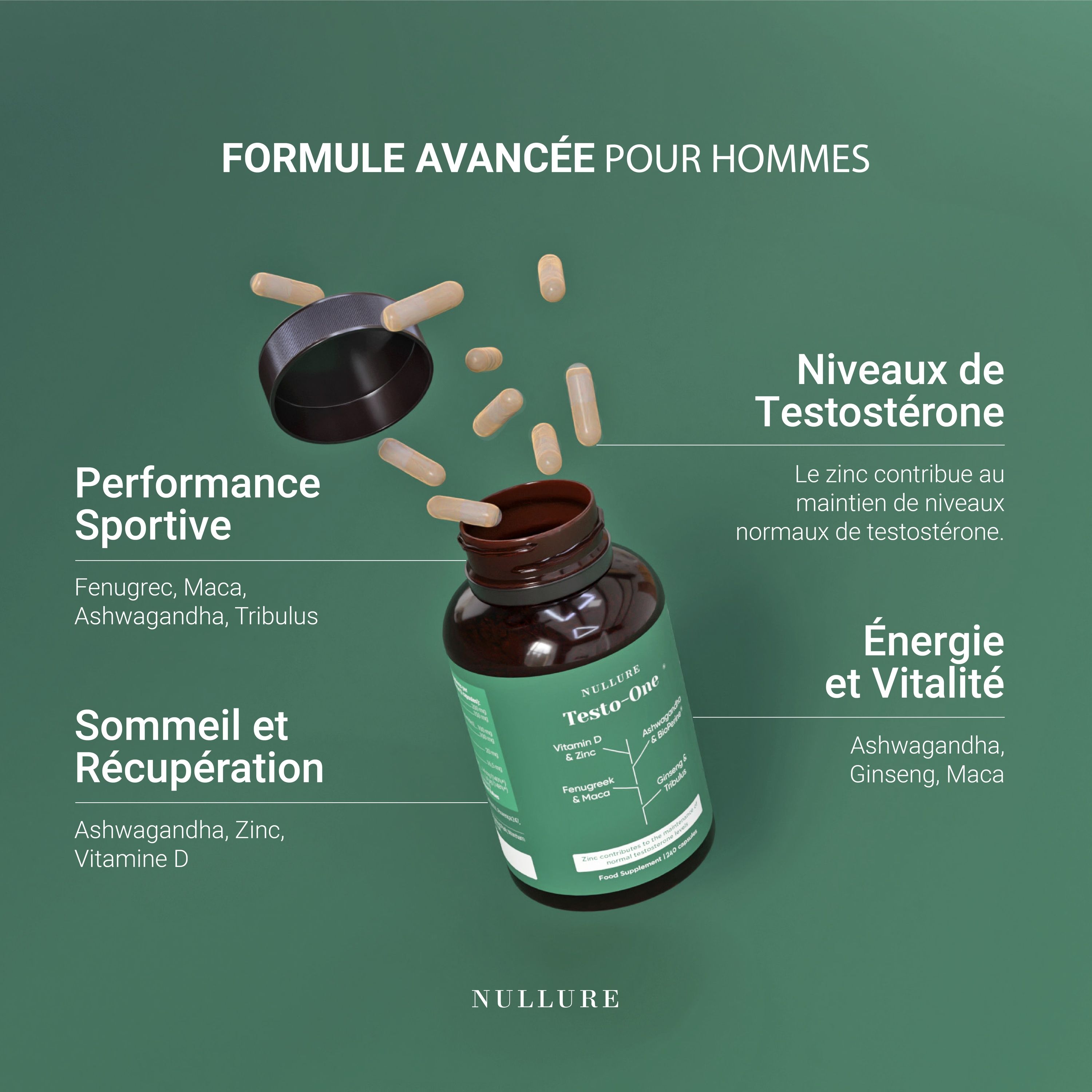 Gélules et flacon Nullure Testo-One avec explications des ingrédients et bénéfices.