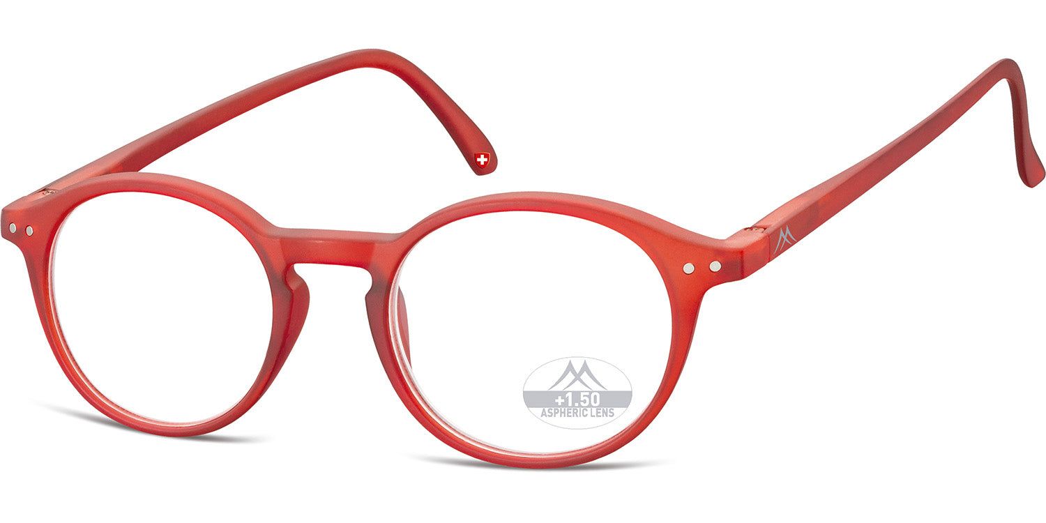 Lunettes rouges, monture ronde. Inscription "+1.50" sur le verre droit.