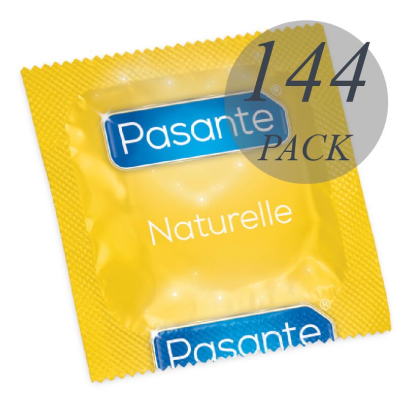 Emballage individuel jaune avec le nom du produit Pasante Naturelle. Inscription '144 PACK'.
