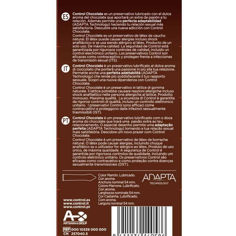 Dos d'un emballage marron. Texte en plusieurs langues. Contient des informations sur les ingrédients, la taille et les certifications.