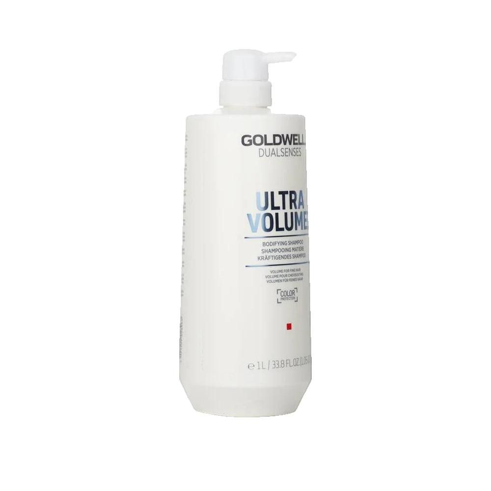 Flacon blanc Goldwell Dualsenses Ultra Volume Shampoo avec pompe. Texte: Ultra Volume, Bodifying Shampoo.
