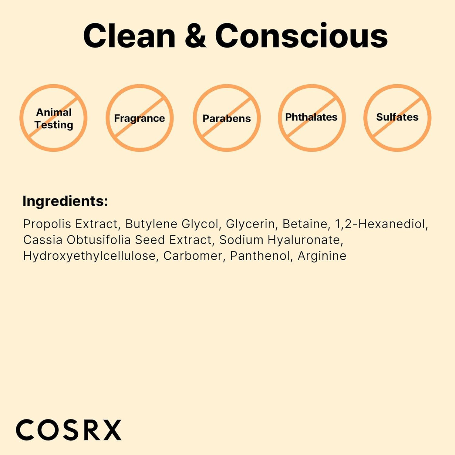 Ampoule Propolis Légère COSRX : sans tests sur animaux, parfum, parabènes, phtalates ni sulfates.