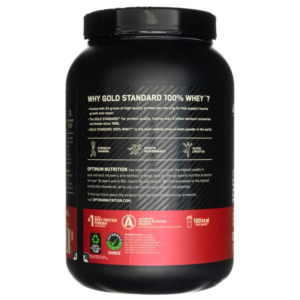 Arrière d'un pot Optimum Nutrition Gold Standard 100% Whey. Informations sur les avantages, ingrédients et labels qualité.
