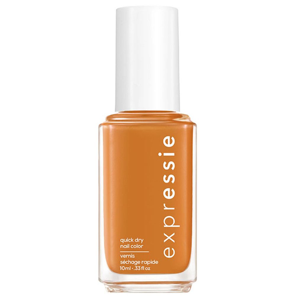 Flacon de vernis à ongles orange. Bouchon blanc. Inscription: expressie, quick dry nail color.