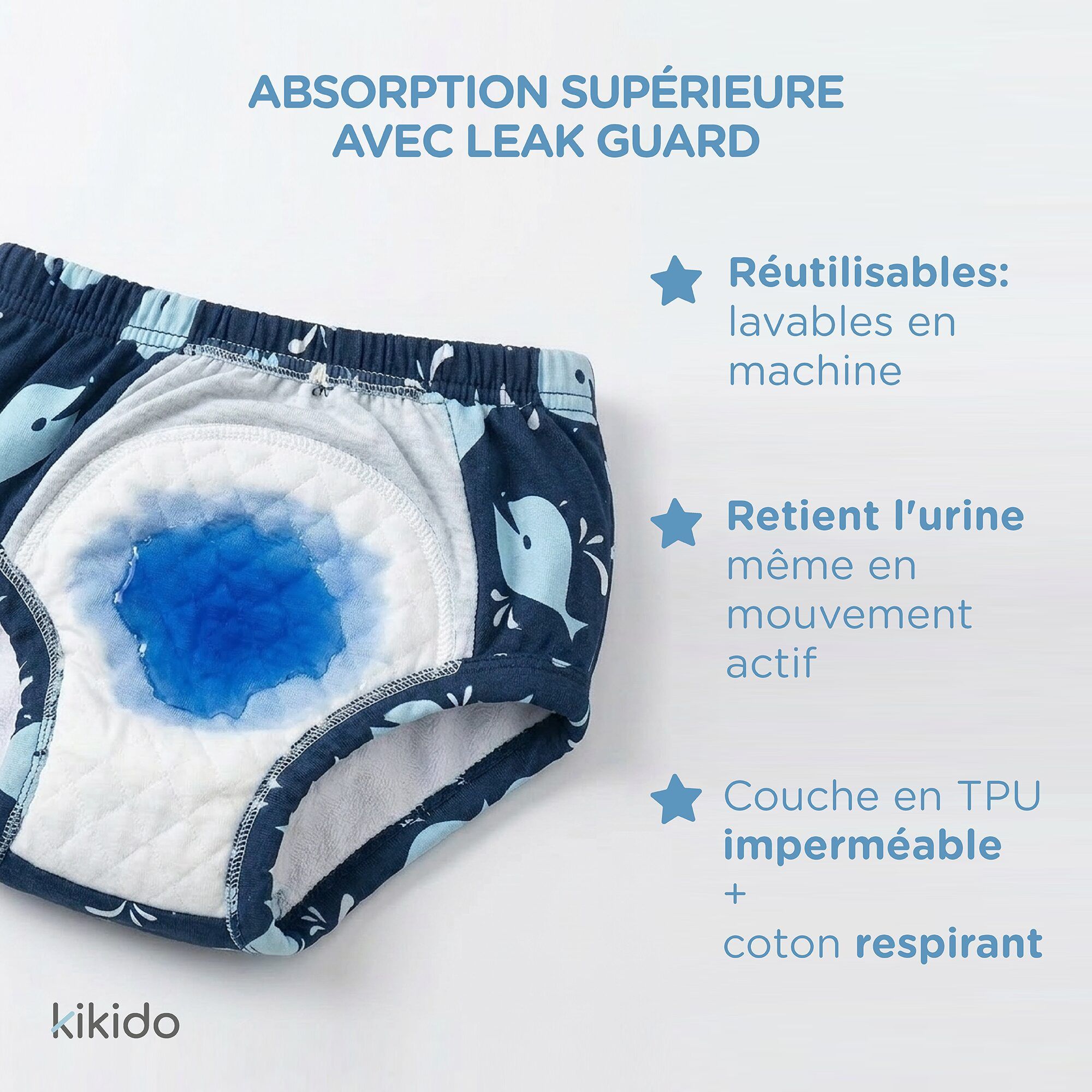 Culotte d'apprentissage bleu marine avec dauphins, réutilisable, lavable en machine.