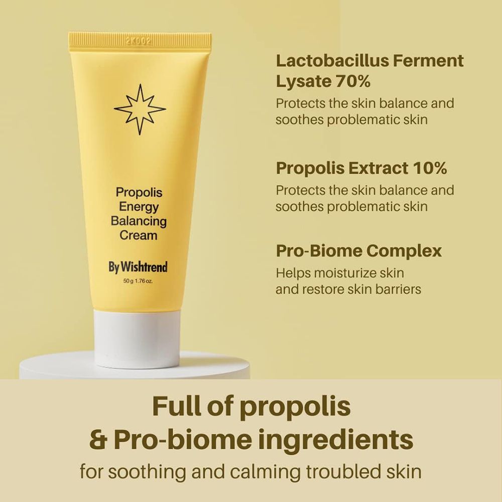Gele tube By Wishtrend Propolis Energy Balancing Cream, met tekst over ingrediënten.