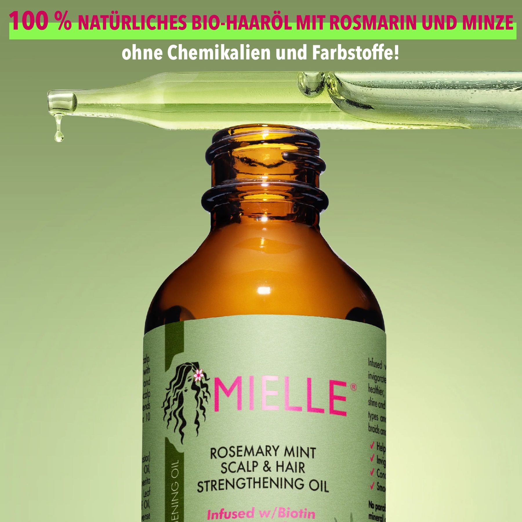 Flacon en verre brun avec pipette et goutte. Étiquette avec texte et logo. Texte : Huile capillaire bio 100% naturelle au romarin et à la menthe.