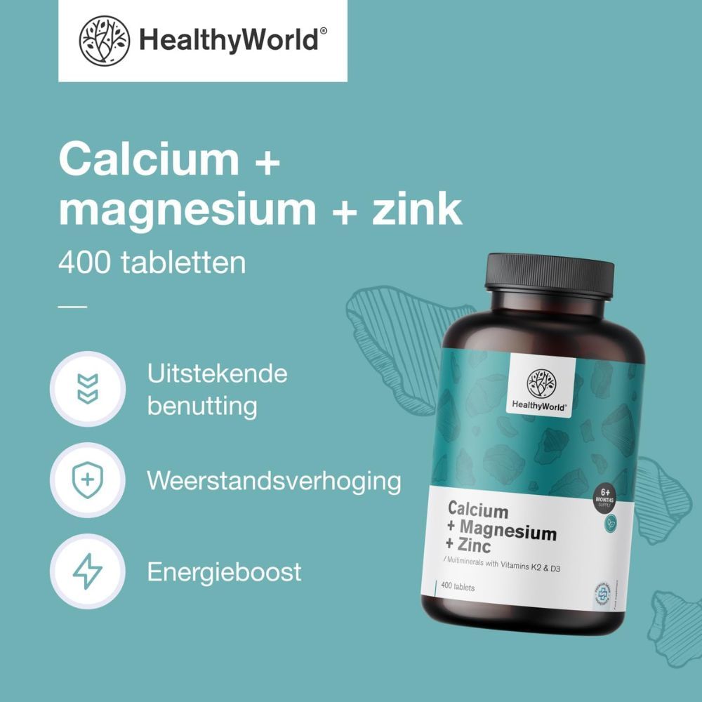Fles met tabletten. Tekst: Calcium + magnesium + zink, 400 tabletten. Symbolen: bruikbaarheid, afweer, energie.