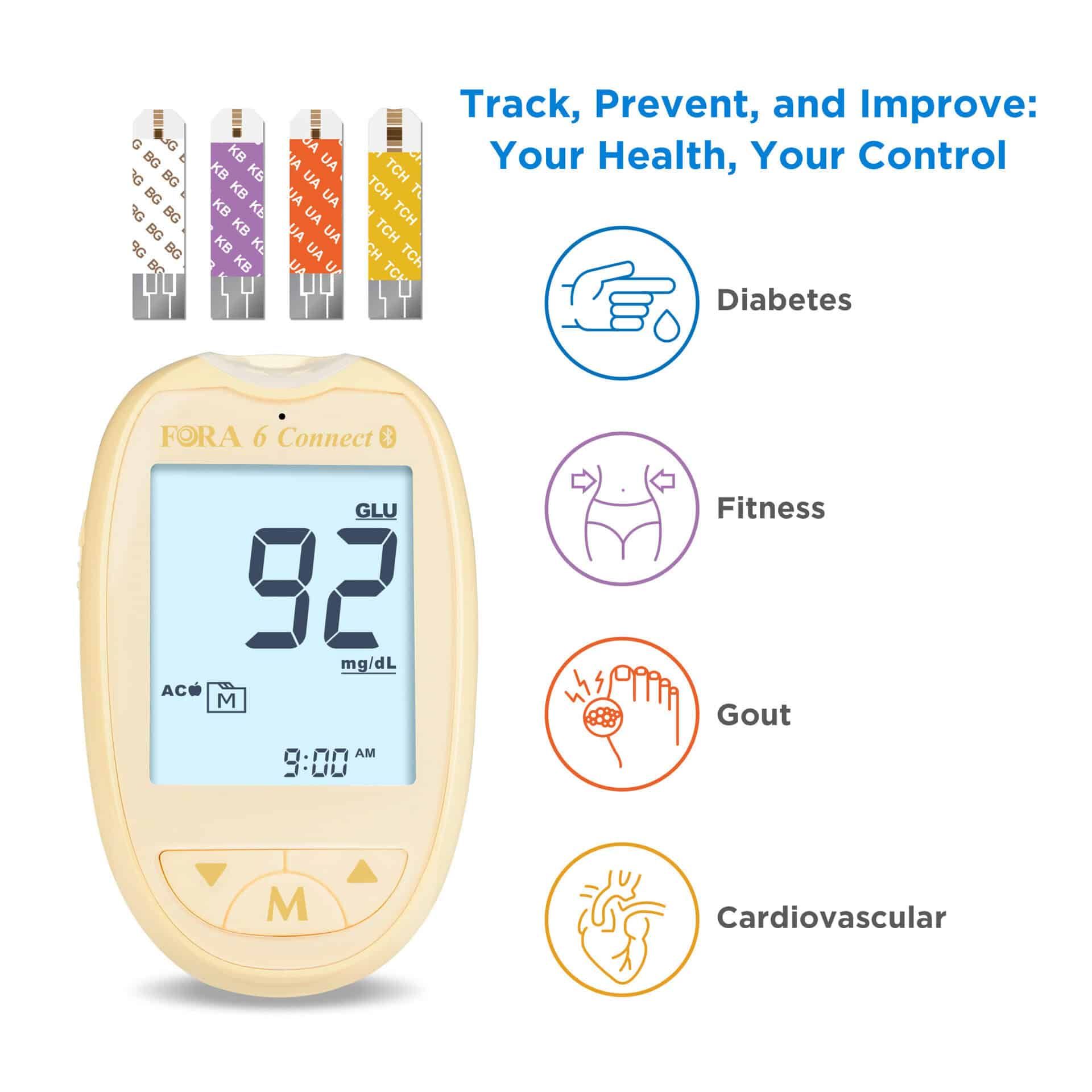 Bloedglucosemeter met teststrips. Digitale display met waarde. Vier gekleurde teststrips.